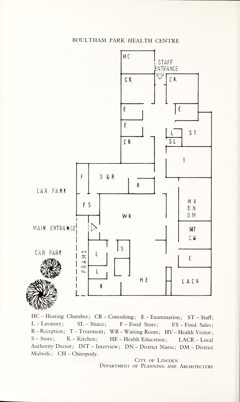 HC- Heating Chamber; CR - Consulting; E - Examination; ST - Staff; L-Lavatory; SL - Sluice; F-Food Store; FS - Food Sales; R-Reception; T-Treatment; WR - Waiting Room; HV - Health Visitor; S - Store; K - Kitchen; HE - Health Education; LACR - Local Authority Doctor; INT - Interview; DN - District Nurse; DM - District Midwife; CH - Chiropody. City of Lincoln Department of Planning and Architecture