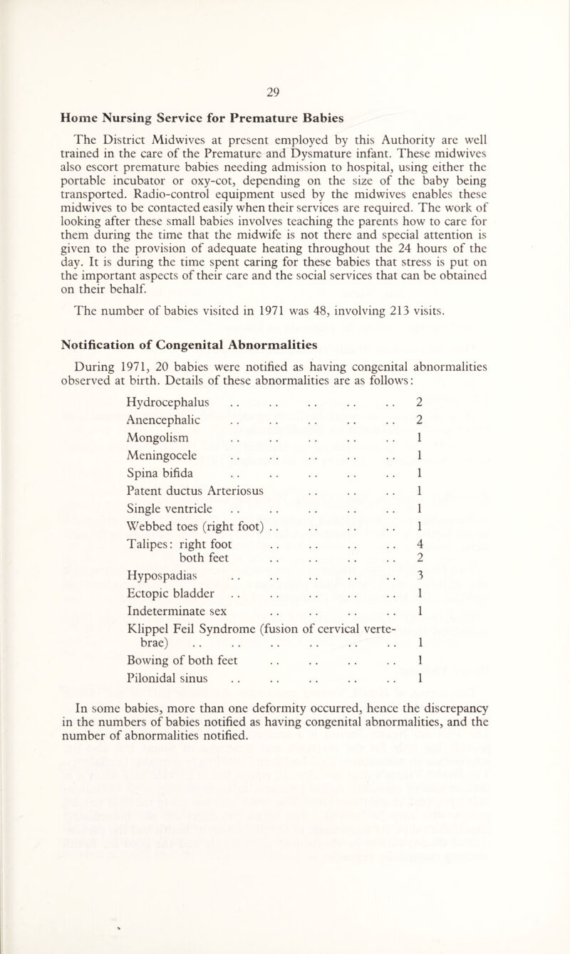 Home Nursing Service for Premature Babies The District Midwives at present employed by this Authority are well trained in the care of the Premature and Dysmature infant. These midwives also escort premature babies needing admission to hospital, using either the portable incubator or oxy-cot, depending on the size of the baby being transported. Radio-control equipment used by the midwives enables these midwives to be contacted easily when their services are required. The work of looking after these small babies involves teaching the parents how to care for them during the time that the midwife is not there and special attention is given to the provision of adequate heating throughout the 24 hours of the day. It is during the time spent caring for these babies that stress is put on the important aspects of their care and the social services that can be obtained on their behalf. The number of babies visited in 1971 was 48, involving 213 visits. Notification of Congenital Abnormalities During 1971, 20 babies were notified as having congenital abnormalities observed at birth. Details of these abnormalities are as follows: Hydrocephalus . . . . .. . . .. 2 Anencephalic . . .. . . .. .. 2 Mongolism . . . . . . . . . . 1 Meningocele . . . . .. . . . . 1 Spina bifida .. . . . . . . . . 1 Patent ductus Arteriosus . . .. . . 1 Single ventricle . . .. . . . . .. 1 Webbed toes (right foot) . . . . . . .. 1 Talipes: right foot .. .. .. .. 4 both feet .. . . . . . . 2 Hypospadias .. .. .. ,. .. 3 Ectopic bladder .. .. .. .. .. 1 Indeterminate sex . . . . . . .. 1 Klippel Feil Syndrome (fusion of cervical verte¬ brae) . . .. .. . . . . .. 1 Bowing of both feet . . . . . . . . 1 Pilonidal sinus . . .. . . .. . . 1 In some babies, more than one deformity occurred, hence the discrepancy in the numbers of babies notified as having congenital abnormalities, and the number of abnormalities notified.