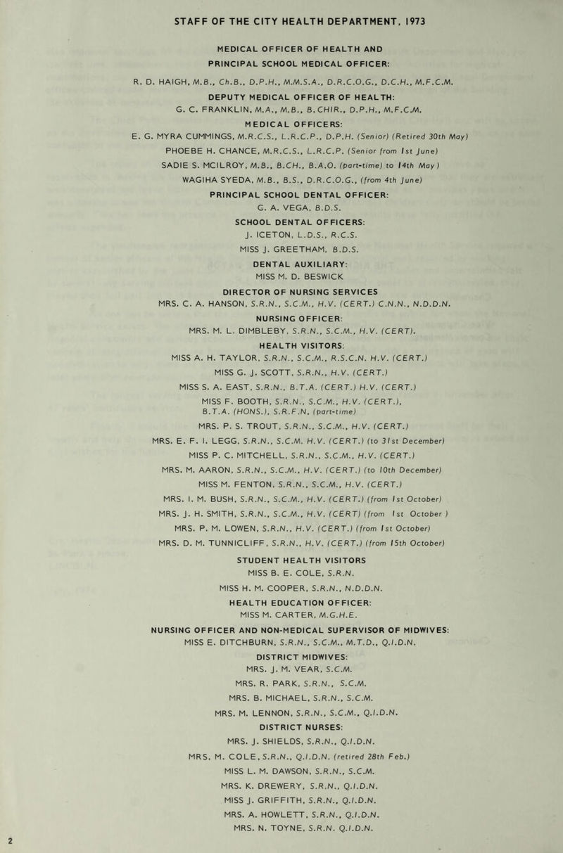 STAFF OF THE CITY HEALTH DEPARTMENT, 1973 MEDICAL OFFICER OF HEALTH AND PRINCIPAL SCHOOL MEDICAL OFFICER: R. D. HAIGH, M.B., Ch.B., D.P.H.. D.R.C.O.G., D.C.H., M.F.C.M. DEPUTY MEDICAL OFFICER OF HEALTH: G. C. FRANKLIN, M.A., M.B., B.CHIR., D.P.H., M.F.C.M. MEDICAL OFFICERS: E. G. MYRA CUMMINGS, M.R.C.S., L.R.C.P., D.P.H. (Senior) (Retired 30th May) PHOEBE H. CHANCE, M.R.C.S., L.R.C.P. (Senior from 1st June) SADIE S. MCILROY, M.B., B.CH., B.A.O. (part-time) to 14th May) WAGIHA SYEDA, M.B., B.S., D.R.C.O.G., (from 4th June) PRINCIPAL SCHOOL DENTAL OFFICER: G. A. VEGA, B.D.S. SCHOOL DENTAL OFFICERS: J. ICETON, L.D.S., R.C.S. MISS J. GREETHAM, B.D.S. DENTAL AUXILIARY: MISS M. D. BESWICK DIRECTOR OF NURSING SERVICES MRS. C. A. HANSON, S.R.N., S.C.M., H.V. (CERT.) C.N.N., N.D.D.N. NURSING OFFICER: MRS. M. L. DIMBLEBY. S.R.N., S.C.M., H.V. (CERT). HEALTH VISITORS: MISS A. H. TAYLOR, S.R.N., S.C.M.. R.S.C.N. H.V. (CERT.) MISS G. J. SCOTT, S.R.N.. H.V. (CERT.) MISS S. A. EAST, S.R.N., B.T.A. (CERT.) H.V. (CERT.) MISS F. BOOTH, S.R.N.. S.C.M., H.V. (CERT.), B.T.A. (HONS.), S.R.F.N. (part-time) MRS. P. S. TROUT. S.R.N., S.C.M., H.V. (CERT.) MRS. E. F. I. LEGG, S.R.N., S.C.M. H.V. (CERT.) (to 31st December) MISS P. C. MITCHELL, S.R.N., S.C.M., H.V. (CERT.) MRS. M. AARON, S.R.N., S.C.M., H.V. (CERT.) (to 10th December) MISS M. FENTON, S.R.N., S.C.M., H.V. (CERT.) MRS. I. M. BUSH, S.R.N., S.C.M., H.V. (CERT.) (from 1st October) MRS. J. H. SMITH, S.R.N., S.C.M., H.V. (CERT) (from 1st October) MRS. P. M. LOWEN, S.R.N.. H.V. (CERT.) (from 1st October) MRS. D. M. TUNNICLIFF, S.R.N., H.V. (CERT.) (from 15th October) STUDENT HEALTH VISITORS MISS B. E. COLE, S.R.N. MISS H. M. COOPER, S.R.N., N.D.D.N. HEALTH EDUCATION OFFICER: MISS M. CARTER, M.G.H.E. NURSING OFFICER AND NON-MEDICAL SUPERVISOR OF MIDWIVES: MISS E. DITCHBURN, S.R.N., S.C.M., M.T.D., Q.I.D.N. DISTRICT MIDWIVES: MRS. J. M. VEAR, S.C.M. MRS. R. PARK, S.R.N., S.C.M. MRS. B. MICHAEL, S.R.N., S.C.M. MRS. M. LENNON, S.R.N., S.C.M., Q.I.D.N. DISTRICT NURSES: MRS. J. SHIELDS, S.R.N., Q.I.D.N. MRS. M. COLE, S.R.N., Q.I.D.N. (retired 28th Feb.) MISS L. M. DAWSON, S.R.N., S.C.M. MRS. K. DREWERY, S.R.N., Q.I.D.N. MISS J. GRIFFITH, S.R.N., Q.I.D.N. MRS. A. HOWLETT, S.R.N., Q.I.D.N. MRS. N. TOYNE, S.R.N. Q.I.D.N.