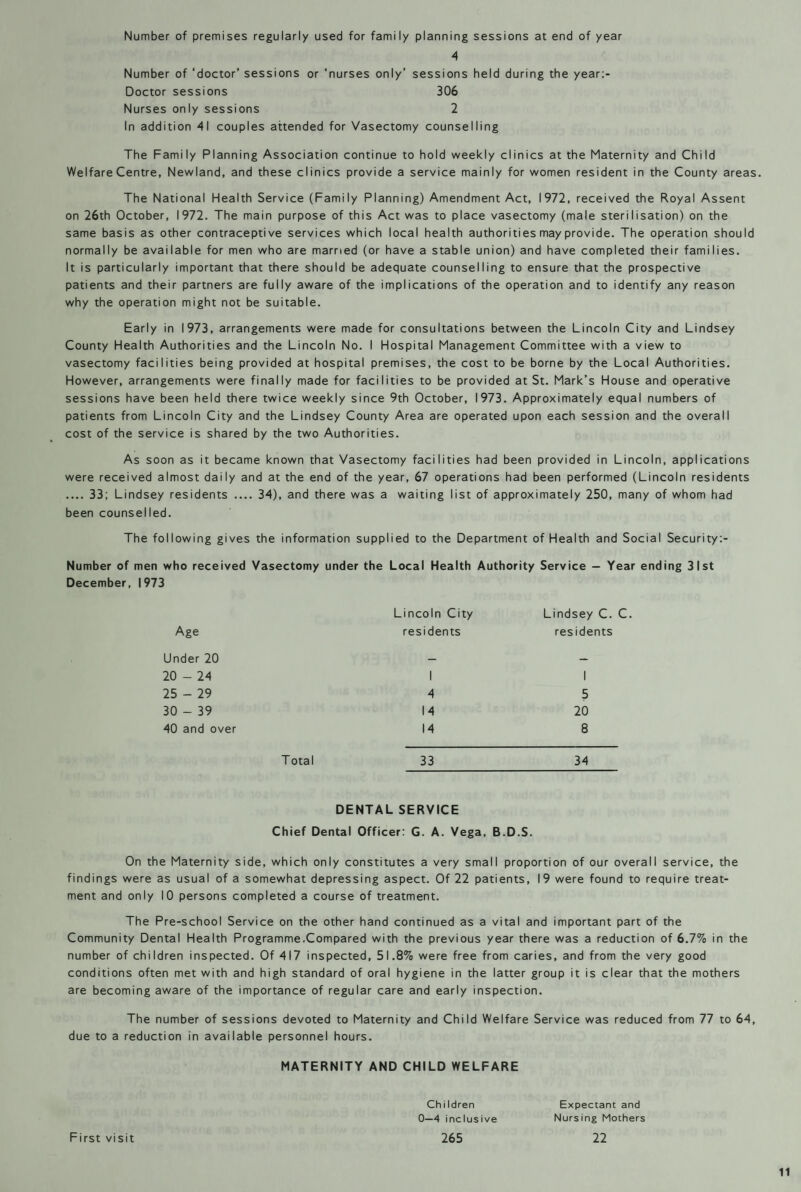 Number of premises regularly used for family planning sessions at end of year 4 Number of ‘doctor’ sessions or ‘nurses only’ sessions held during the year:- Doctor sessions 306 Nurses only sessions 2 In addition 41 couples attended for Vasectomy counselling The Family Planning Association continue to hold weekly clinics at the Maternity and Child Welfare Centre, Newland, and these clinics provide a service mainly for women resident in the County areas. The National Health Service (Family Planning) Amendment Act, 1972, received the Royal Assent on 26th October, 1972. The main purpose of this Act was to place vasectomy (male sterilisation) on the same basis as other contraceptive services which local health authorities may provide. The operation should normally be available for men who are married (or have a stable union) and have completed their families. It is particularly important that there should be adequate counselling to ensure that the prospective patients and their partners are fully aware of the implications of the operation and to identify any reason why the operation might not be suitable. Early in 1973, arrangements were made for consultations between the Lincoln City and Lindsey County Health Authorities and the Lincoln No. I Hospital Management Committee with a view to vasectomy facilities being provided at hospital premises, the cost to be borne by the Local Authorities. However, arrangements were finally made for facilities to be provided at St. Mark’s House and operative sessions have been held there twice weekly since 9th October, 1973. Approximately equal numbers of patients from Lincoln City and the Lindsey County Area are operated upon each session and the overall cost of the service is shared by the two Authorities. As soon as it became known that Vasectomy facilities had been provided in Lincoln, applications were received almost daily and at the end of the year, 67 operations had been performed (Lincoln residents _33; Lindsey residents _ 34), and there was a waiting list of approximately 250, many of whom had been counselled. The following gives the information supplied to the Department of Health and Social Security:- Number of men who received Vasectomy under the Local Health Authority Service - Year ending 31st December, 1973 Age Lincoln City residents Lindsey C. residents Under 20 — — 20 - 24 1 1 25 - 29 4 5 30 - 39 14 20 40 and over 14 8 T otal 33 34 DENTAL SERVICE Chief Dental Officer: G. A. Vega, B.D.S. On the Maternity side, which only constitutes a very small proportion of our overall service, the findings were as usual of a somewhat depressing aspect. Of 22 patients, 19 were found to require treat¬ ment and only 10 persons completed a course of treatment. The Pre-school Service on the other hand continued as a vital and important part of the Community Dental Health Programme.Compared with the previous year there was a reduction of 6.7% in the number of children inspected. Of 417 inspected, 51.8% were free from caries, and from the very good conditions often met with and high standard of oral hygiene in the latter group it is clear that the mothers are becoming aware of the importance of regular care and early inspection. The number of sessions devoted to Maternity and Child Welfare Service was reduced from 77 to 64, due to a reduction in available personnel hours. MATERNITY AND CHILD WELFARE Children Expectant and 0—4 inclusive Nursing Mothers First visit 265 22