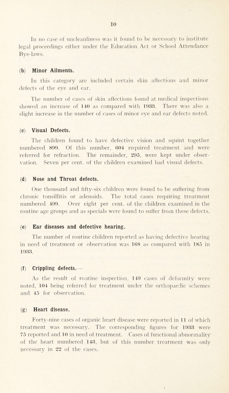 In no case of uncleanliness was it found to be necessary to institute legal proceedings either under the Education Act or School Attendance Bye-laws. (b) Minor Ailments. In this category are included certain skin affections and minor defects of the eye and ear. The number of cases of skin affections found at medical inspections showed an increase of 1-10 as compared with 1933. There was also a slight increase in the number of cases of minor eye and ear defects noted. (c) Visual Defects. The children found to have defective vision and squint together numbered 899. Of this number, 604 required treatment and were referred for refraction. The remainder, 295, were kept under obser¬ vation. Seven per cent, of the children examined had visual defects. (d) Nose and Throat defects. One thousand and fifty-six children were found to be suffering from chronic tonsillitis or adenoids. The total cases requiring treatment numbered 499. Over eight per cent, of the children examined in the routine age groups and as specials were found to suffer from these defects. (e) Ear diseases and defective hearing. The number of routine children reported as having defective hearing in need of treatment or observation was 168 as compared with 185 in 1933. (f) Crippling defects.— As the result of routine inspection, 149 cases of deformity were noted, 104 being referred for treatment under the orthopaedic schemes and 45 for observation. (g) Heart disease. Forty-nine cases of organic heart disease were reported in 11 of which treatment was necessary. The corresponding figures for 1933 were 75 reported and 10 in need of treatment. Cases of functional abnormality of the heart numbered 143, but of this number treatment was onlv necessary in 22 of the cases. \