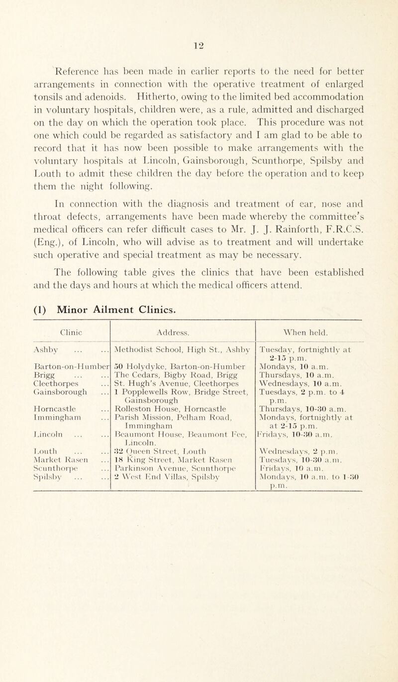 Reference lias been made in earlier reports to the need for better arrangements in connection with the operative treatment of enlarged tonsils and adenoids. Hitherto, owing to the limited bed accommodation in voluntary hospitals, children were, as a rule, admitted and discharged on the day on which the operation took place. This procedure was not one which could be regarded as satisfactory and I am glad to be able to record that it has now been possible to make arrangements with the voluntary hospitals at Lincoln, Gainsborough, Scunthorpe, Spilsby and Louth to admit these children the day before the operation and to keep them the night following. In connection with the diagnosis and treatment of ear, nose and throat defects, arrangements have been made whereby the committee’s medical officers can refer difficult cases to Mr. J. J. Rainforth, F.R.C.S. (Eng.), of Lincoln, who will advise as to treatment and will undertake such operative and special treatment as may be necessary. The following table gives the clinics that have been established and the days and hours at which the medical officers attend. (1) Minor Ailment Clinics* Clinic Address. When held. Ashby Methodist School, High St., Ashby Tuesday, fortnightly at 2-15 p.m. Barton-on-H umber 50 Holydyke, Barton-on-Humber Mondays, 10 a.nr. Brigg . The Cedars, Bigby Road, Brigg Thursdays, 10 a.m. Cleethorpes St. Hugh’s Avenue, Cleethorpes Wednesdays, 10 a.m. Gainsborough 1 Popplewells Row, Bridge Street, Tuesdays, 2 p.m. to 4 Gainsborough p.m. Horncastle Rolleston House, Horncastle Thursdays, 10-30 a.m. Immingham Parish Mission, Pelham Road, Mondays, fortnightly at Immingham at 2-15 p.m. Lincoln Beaumont House, Beaumont Fee, Fridays, 10-30 a.m. Lincoln. 1 .Oil tit 02 Queen Street, Louth Wednesdays, 2 p.m. Market Rasen 18 King Street, Market Rasen Tuesdays, 10-30 a.m. Scunthorpe Parkinson Avenue, Scunthorpe Fridays, 10 a.m. Spilsby 2 West Fnd Villas, Spilsby Mondays, 10 a.m. to 1-30 p. m.