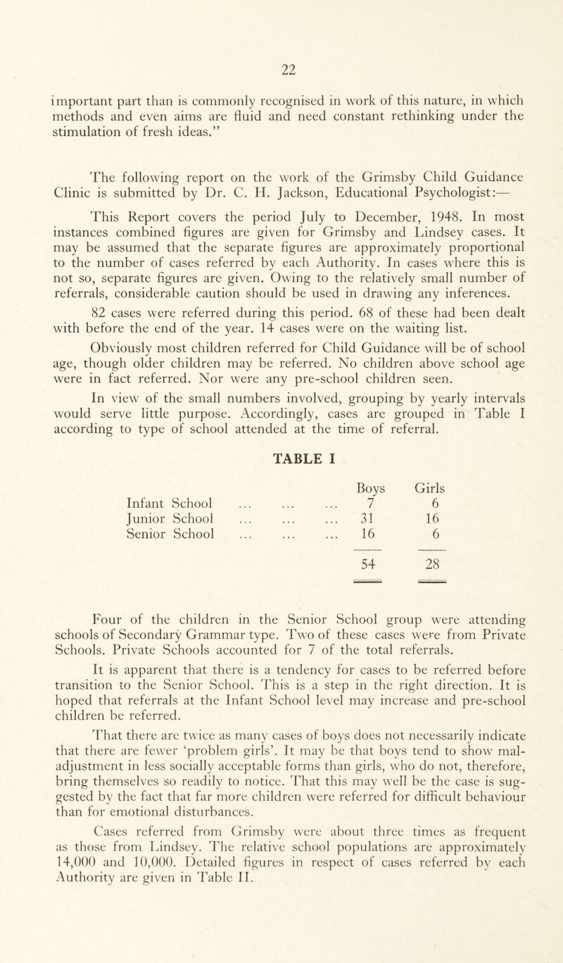 important part than is commonly recognised in work of this nature, in which methods and even aims are fluid and need constant rethinking under the stimulation of fresh ideas.” The following report on the work of the Grimsby Child Guidance Clinic is submitted by Dr. C. H. Jackson, Educational Psychologist:— This Report covers the period July to December, 1948. In most instances combined figures are given for Grimsby and Lindsey cases. It may be assumed that the separate figures are approximately proportional to the number of cases referred by each Authority. In cases where this is not so, separate figures are given. Owing to the relatively small number of referrals, considerable caution should be used in drawing any inferences. 82 cases were referred during this period. 68 of these had been dealt with before the end of the year. 14 cases were on the waiting list. Obviously most children referred for Child Guidance will be of school age, though older children may be referred. No children above school age were in fact referred. Nor were any pre-school children seen. In view of the small numbers involved, grouping by yearly intervals would serve little purpose. Accordingly, cases are grouped in Table I according to type of school attended at the time of referral. TABLE I Boys Girls Infant School . 7 6 Junior School . 31 16 Senior School . 16 6 54 28 Four of the children in the Senior School group were attending schools of Secondary Grammar type. Two of these cases were from Private Schools. Private Schools accounted for 7 of the total referrals. It is apparent that there is a tendency for cases to be referred before transition to the Senior School. This is a step in the right direction. It is hoped that referrals at the Infant School level may increase and pre-school children be referred. That there are twice as many cases of boys does not necessarily indicate that there are fewer ‘problem girls’. It may be that boys tend to show mal¬ adjustment in less socially acceptable forms than girls, who do not, therefore, bring themselves so readily to notice. That this may well be the case is sug¬ gested by the fact that far more children were referred for difficult behaviour than for emotional disturbances. Cases referred from Grimsby were about three times as frequent as those from Lindsey. The relative school populations are approximately 14,000 and 10,000. Detailed figures in respect of cases referred by each Authority are given in Table II.