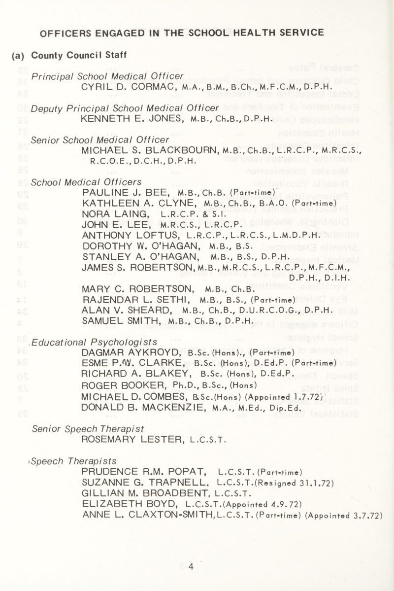 OFFICERS ENGAGED IN THE SCHOOL HEALTH SERVICE (a) County Council Staff Principal School Medical Officer CYRIL D. CORMAC, M.A., B.M., B.Ch., D.P.H. Deputy Principal School Medical Officer KENNETH E. JONES, M.B., Ch.B., D.P.H. Senior School Medical Officer MICHAEL S. BLACKBOURN, M.B., Ch.B., L.R.C.P., M.R.C.S., R.C.O.E., D.C.H., D.P.H. School Medical Officers PAULINE J. BEE, M.B.,Ch.B. (Part-time) KATHLEEN A. CLYNE, M.B.,Ch.B., B.A.O. (Part-time) NORA LAING, L.R.C.P. & S.l. JOHN E. LEE, M.R.C.S., L.R.C.P. ANTHONY LOFTUS, L.R.C.P., L.R.C.S., L.M.D.P.H. DOROTHY W. O’HAGAN, M.B., B.S. STANLEY A. O’HAGAN, M.B., B.S., D.P.H. JAMES S. ROBERTSON, M.B., M.R.C.S., L.R.C.P., M.F.C.M., D.P.H., D.I.H. MARY C. ROBERTSON, M.B., Ch.B. RAJENDAR L. SETHI, M.B., B.S., (Part-time) ALAN V. SHEARD, M.B., Ch.B., D.U.R.C.O.G., D.P.H. SAMUEL SMITH, M.B., Ch.B,, D.P.H. ,Educational Psychologists DAGMAR AYKROYD, B.Sc. (Hons)., (Part-time) ESME PJW. CLARKE, B.Sc. (Hons), D.Ed.P. (Part-time) RICHARD A. BLAKEY, B.Sc. (Hons), D.Ed.P. ROGER BOOKER, Ph.D., B.Sc., (Hons) Ml CHAEL Do COMBES, B.Sc.(Hons) (Appointed 1.7.72) DONALD B. MACKENZIE, M.A., M.Ed., Dip.Ed. Senior Speech Therapist ROSEMARY LESTER, L.C.S.T. iSpeech Therapists PRUDENCE R.M. POPAT, L.C.S.T. (Part-time) SUZANNE G. TRAPNELL, L.C.S.T.(Resigned 31.1.72) GILLIAN M. BROADBENT, L.C.S.T. ELIZABETH BOYD, L.C.S.T.(Appointed 4.9.72) ANNE L. CLAXTON“SMITHj, L.C.S.T. (Part-time) (Appointed 3.7.72)