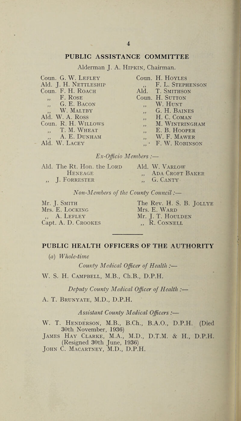 PUBLIC ASSISTANCE COMMITTEE Alderman J. A. Hipkin, Chairman. Coun. G. W. Lefley Aid. J. H. Nettleship Coun. F. H. Roach ,, F. Rose „ G. E. Bacon ,, W. Maltby Aid. W. A. Ross Coun. R. H. Willows ,, T. M. Wheat ,, A. E. Dunham Aid. W. Lacey Coun. H. Hoyles ,, F. L. Stephenson Aid. T. Smithson Coun. H. Sutton ,, W. Hunt ,, G. H. Baines ,, H. C. Coman ,, M. WlNTRINGHAM ,, E. B. Hooper ,, W. F. Mawer ,, • F. W. Robinson Ex-Officio Members :— Aid. The Rt. Flon. the Lord Aid. W. Varlow Heneage ,, Ada Croft Baker ,, J. Forrester „ G. Canty Non-Members of the County Council:— Mr. J. Smith Mrs. E. Locking ,, A. Lefley Capt. A. D. Crookes The Rev. H. S. B. Jollye Mrs. E. Ward Mr. J. T. FIoulden ,, R. Connell PUBLIC HEALTH OFFICERS OF THE AUTHORITY (a) Whole-time County Medical Officer of Health :— W. S. H. Campbell, M.B., Ch.B., D.P.H. Deputy County Medical Officer of Health :— A. T. Brunyate, M.D., D.P.H. Assistant County Medical Officers :— W. T. Henderson, M.B., B.Ch., B.A.O., D.P.H. (Died 30th November, 1936) James Hay Clarke, M.A., M.D., D.T.M. & H., D.P.H. (Resigned 30th June, 1936) John C. Macartney, M.D., D.P.H.