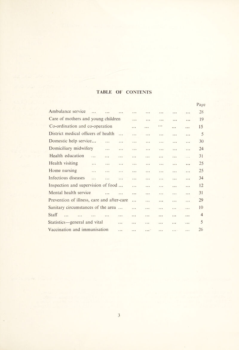 TABLE OF CONTENTS Page Ambulance service . 28 Care of mothers and young children .,. 19 Co-ordination and co-operation . ••• . 15 District medical officers of health. 5 Domestic help service. 30 Domiciliary midwifery . 24 Health education . 31 Health visiting 25 Home nursing ... . 25 Infectious diseases . 34 Inspection and supervision of food. 12 Mental health service 31 Prevention of illness, care and after-care. 29 Sanitary circumstances of the area. 10 Q f o |T Statistics—general and vital 5 Vaccination and immunisation ... ... ... ... ... ... 26