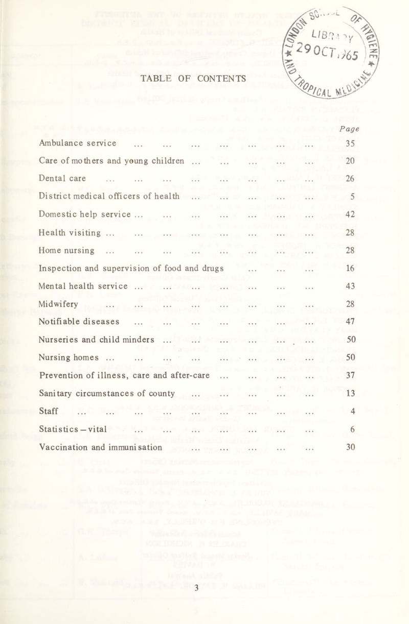 TABLE OF CONTENTS Ambulance service Care of mothers and young children ... Dental care District medical officers of health Domestic help service ... Health visiting ... Home nursing Inspection and supervision of food and drugs Mental health service ... Midwifery ... ... . Notifiable diseases Nurseries and child minders ... Nursing homes ... Prevention of illness, care and after-care Sanitary circumstances of county Staff ... ... ... ... . Statistics— vital Vaccination and immunisation