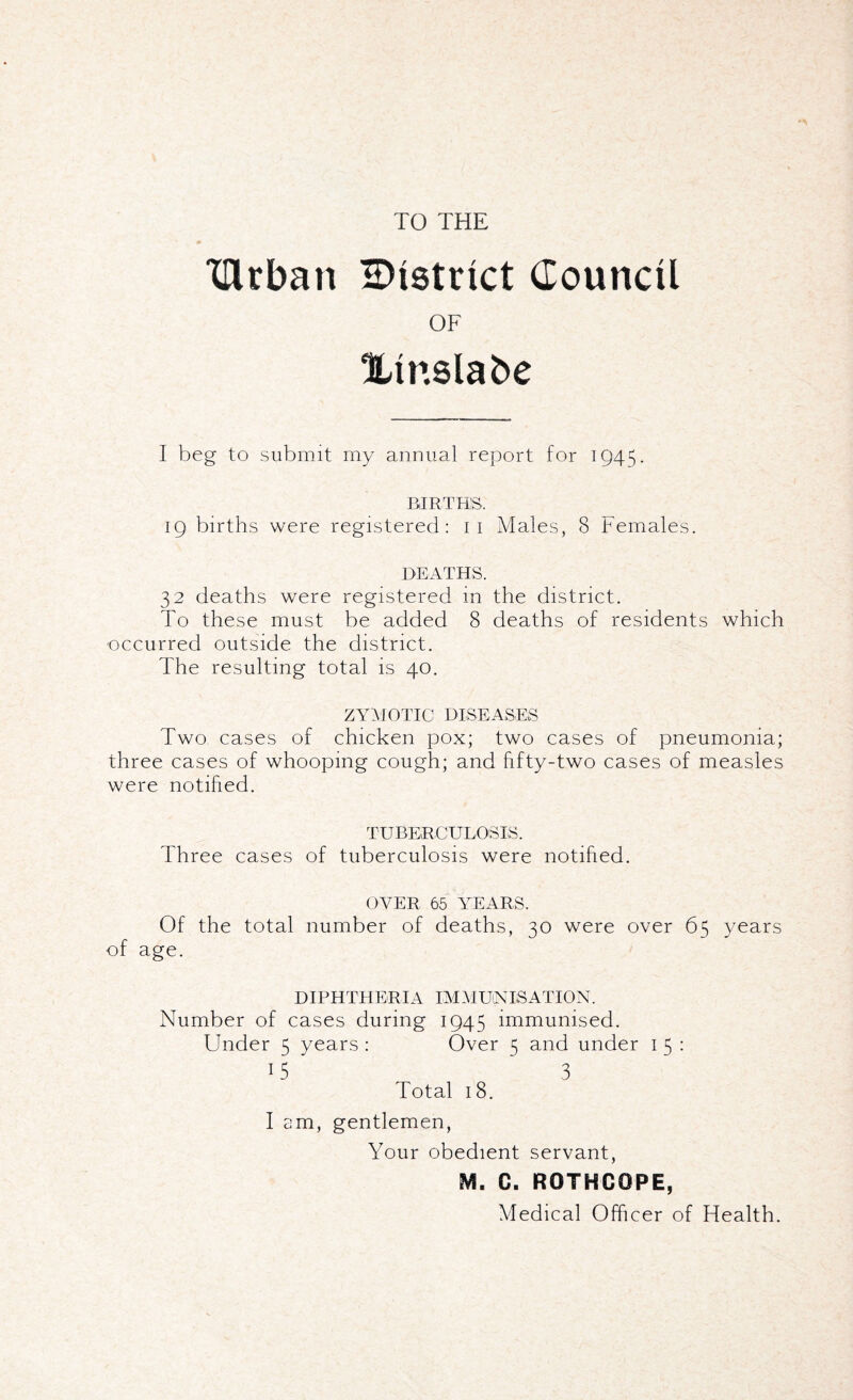 TO THE TUrban ^District Council OF Xtr.slabe I beg to submit my annual report for 1945. BIRTHS. 19 births were registered: 11 Males, 8 Females. DEATHS. 32 deaths were registered in the district. To these must be added 8 deaths of residents which occurred outside the district. The resulting total is 40. ZYMOTIC DISEASES Two cases of chicken pox; two cases of pneumonia; three cases of whooping cough; and fifty-two cases of measles were notified. TUBERCULOSIS. Three cases of tuberculosis were notified. OVER 65 YEARS. Of the total number of deaths, 30 were over 65 years of age. DIPHTHERIA IMMUNISATION. Number of cases during 1945 immunised. Under 5 years : Over 5 and under 1 5 : 15 3 Total 18. I am, gentlemen, Your obedient servant, C. ROTHCOPE, Medical Officer of Health.