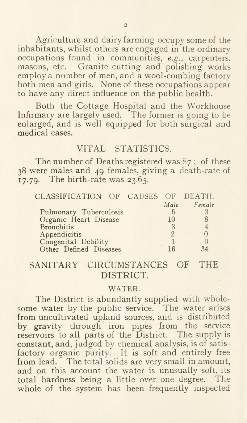 Agriculture and dairy farming occupy some of the inhabitants, whilst others are engaged in the ordinary occupations found in communities, e.g., carpenters, masons, etc. Granite cutting and polishing works employ a number of men, and a wool-combing factory both men and girls. None of these occupations appear to have any direct influence on the public health. Both the Cottage Hospital and the Workhouse Infirmary are largely used. The former is going to be enlarged, and is well equipped for both surgical and medical cases. VITAL STATISTICS. The number of Deaths registered was 87 ; of these 38 were males and 49 females, giving a death-rate of 17.79. The birth-rate was 23.65. CLASSIFICATION OF CAUSES OF DEATH. Pulmonary Tuberculosis Male 6 Female 3 Organic Heart Disease 10 8 Bronchitis 3 4 Appendicitis 2 0 Congenital Debility 1 0 Other Defined Diseases 16 34 SANITARY CIRCUMSTANCES OF THE DISTRICT. WATER. The District is abundantly supplied with whole¬ some water by the public service. The water arises from uncultivated upland sources, and is distributed by gravity through iron pipes from the service reservoirs to all parts of the District. The supply is constant, and, judged by chemical analysis, is of satis- factory organic purity. It is soft and entirely free from lead. The total solids are very small in amount, and on this account the water is unusually soft, its total hardness being a little over one degree. The whole of the system has been frequently inspected