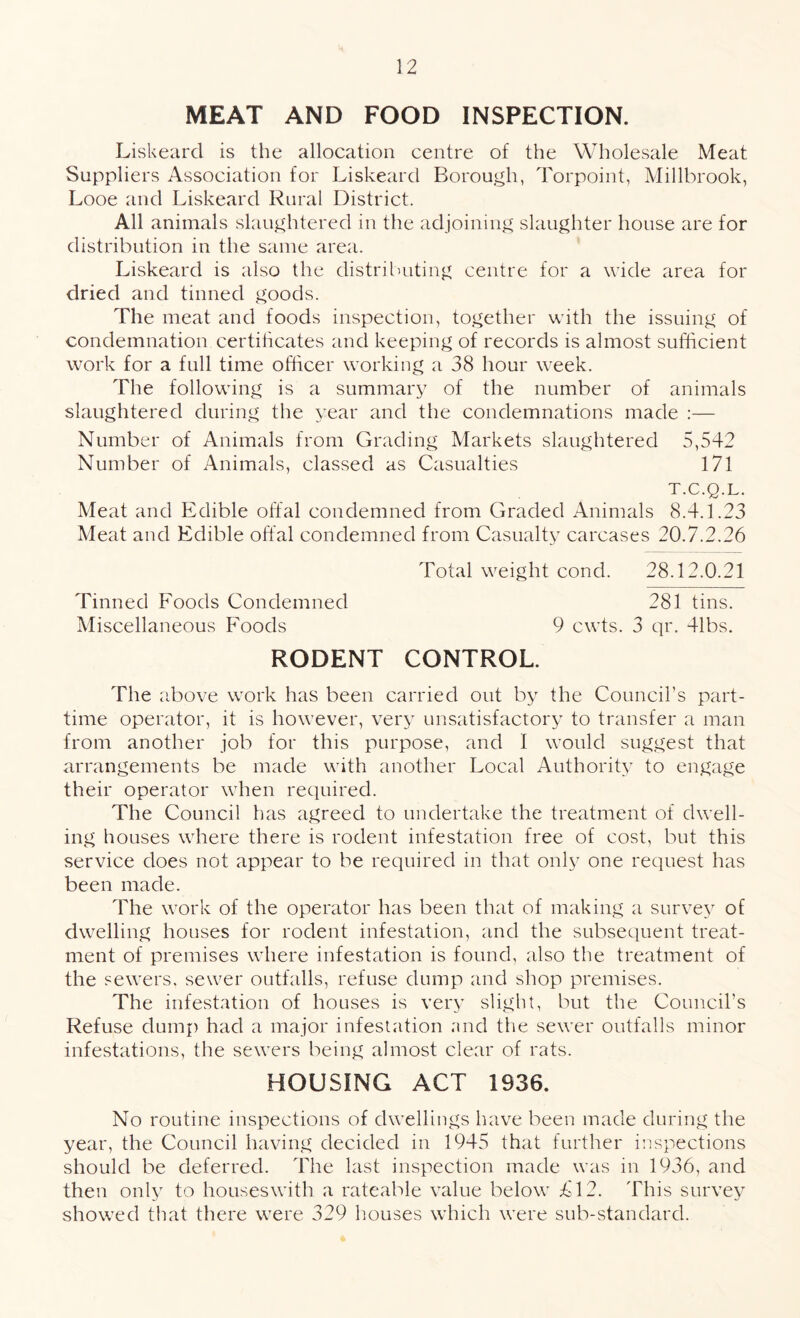 MEAT AND FOOD INSPECTION. Liskearcl is the allocation centre of the Wholesale Meat Suppliers Association for Liskeard Borough, Torpoint, Millbrook, Looe and Liskeard Rural District. All animals slaughtered in the adjoining slaughter house are for distribution in the same area. Liskeard is also the distributing centre for a wide area for dried and tinned goods. The meat and foods inspection, together with the issuing of condemnation certificates and keeping of records is almost sufficient work for a full time officer working a 38 hour week. The following is a summary of the number of animals slaughtered during the year and the condemnations made :— Number of Animals from Grading Markets slaughtered 5,542 Number of Animals, classed as Casualties 171 T.C.Q.L. Meat and Edible offal condemned from Graded Animals 8.4.1.23 Meat and Edible offal condemned from Casualty carcases 20.7.2.26 Total weight cond. 28.12.0.21 Tinned Foods Condemned 281 tins. Miscellaneous Foods 9 cwts. 3 qr. 41bs. RODENT CONTROL. The above work has been carried out by the Council’s part- time operator, it is however, very unsatisfactory to transfer a man from another job for this purpose, and I would suggest that arrangements be made with another Local Authority to engage their operator when required. The Council has agreed to undertake the treatment of dwell¬ ing houses where there is rodent infestation free of cost, but this service does not appear to be required in that only one request has been made. The work of the operator has been that of making a survey of dwelling houses for rodent infestation, and the subsequent treat¬ ment of premises where infestation is found, also the treatment of the sewers, sewer outfalls, refuse dump and shop premises. The infestation of houses is very slight, but the Council’s Refuse dump had a major infestation and the sewer outfalls minor infestations, the sewers being almost clear of rats. HOUSING ACT 1936. No routine inspections of dwellings have been made during the year, the Council having decided in 1945 that further inspections should be deferred. The last inspection made was in 1936, and then only to houseswith a rateable value below LI2. This survey showed that there were 329 houses which were sub-standard.