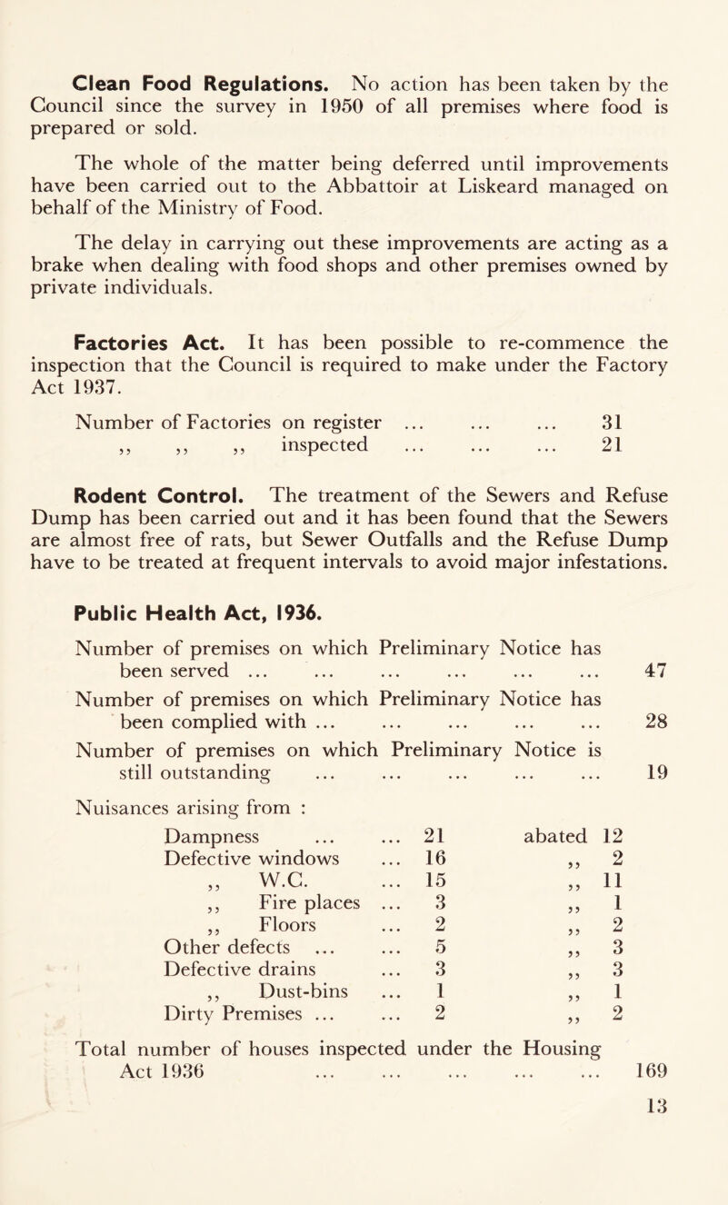 Clean Food Regulations. No action has been taken by the Council since the survey in 1950 of all premises where food is prepared or sold. The whole of the matter being deferred until improvements have been carried out to the Abbattoir at Liskeard managed on behalf of the Ministry of Food. The delay in carrying out these improvements are acting as a brake when dealing with food shops and other premises owned by private individuals. Factories Act. It has been possible to re-commence the inspection that the Council is required to make under the Factory Act 1937. Number of Factories on register ... ... ... 31 ,, ,, ,, inspected ... ... ... 21 Rodent Control. The treatment of the Sewers and Refuse Dump has been carried out and it has been found that the Sewers are almost free of rats, but Sewer Outfalls and the Refuse Dump have to be treated at frequent intervals to avoid major infestations. Public Health Act, 1936. Number of premises on which Preliminary Notice has been served ... ... ... ... ... ... 47 Number of premises on which Preliminary Notice has been complied with ... ... ... • • • • • • Number of premises on which Preliminary Notice is still outstanding • • • • • • Nuisances arising from : Dampness ... 21 abated 12 Defective windows ... 16 „ 2 „ W.C. ... 15 „ 11 ,, Fire places ... 3 „ 1 „ Floors ... 2 „ 2 Other defects ... 5 „ 3 Defective drains ... 3 „ 3 ,, Dust-bins 1 ,, 1 Dirty Premises ... ... 2 „ 2 Total number of houses inspected under the Housing Act 1936 169