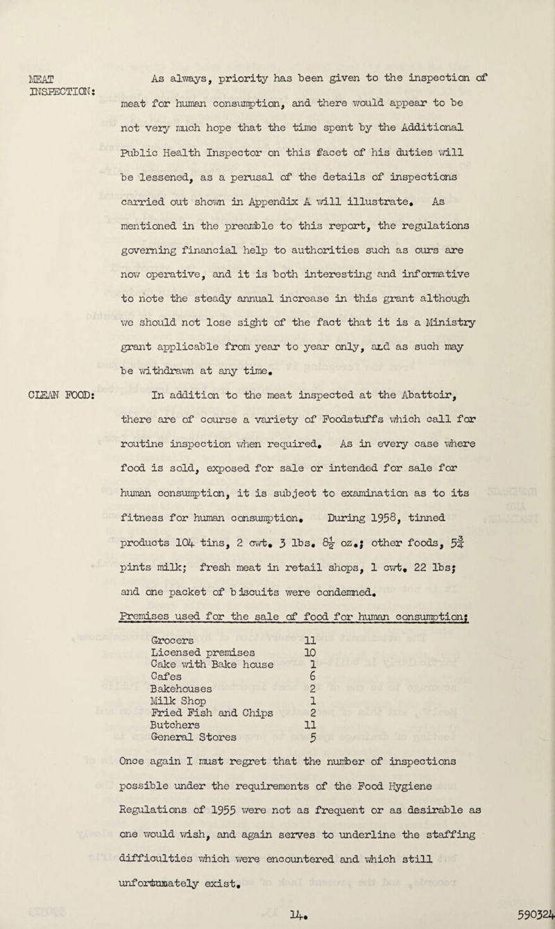 MEAT INSPECTION: CLEAN POOD: As always, priority has been given to the inspection of meat for human consumption, and there would appear to be not very much hope that the time spent by the Additional Public Health Inspector on this facet of his duties will be lessened, as a perusal of the details of inspections carried out shown in Appendix A. will illustrate* As mentioned in the preamble to this report, the regulations governing financial help to authorities such as ours are now operative, and it is both interesting and informative to note the steady annual increase in this grant although we should not lose sight of the fact that it is a Ministry grant applicable from year to year only, and as such may be withdrawn at any time. In addition to the meat inspected at the Abattoir, there are of course a variety of Foodstuffs which call for routine inspection when required. As in every case where food is sold, exposed for sale or intended for sale for human consumption, it is subject to examination as to its fitness for human consumption. During 1958, tinned products 104 tins, 2 cwt* 3 lbs, 8g- oz,; other foods, pints mill:; fresh meat in retail shops, 1 cwt, 22 lbs; and one packet of b iscuits were condemned. Premises used for the sale of food for human consumption; Grocers 11 Licensed premises 10 Calce with Bake house 1 Cafes 6 Bakehouses 2 Milk Shop 1 Pried Pish and Chips 2 Butchers 11 General Stores 3 Once again I must regret that the number of inspections possible under the requirements of the Pood Hygiene Regulations of 1955 were not as frequent or as desirable as one would wish, and again serves to underline the staffing difficulties which were encountered and which still unfortunately exist.