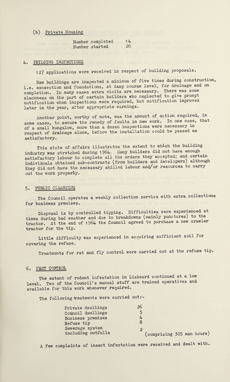 (b) Private Housing Number completed 14 Number started 20 4. EUILDING- INSPECTIONS 127 applications were received in respect of building proposals. New buildings are inspected a minimum of five times during construction, i.e. excavation and foundations, at damp course level, for drainage and on completion. In many cases extra visits are necessary. There was some slackness on the part of certain builders who neglected to give prompt notification when inspections were required, but notification improved later in the year, after appropriate warnings. Another point, worthy of note, was the amount of action required, in some cases, to secure the remedy of faults in new work. In one case, that of a small bungalow, more than a dozen inspections were necessary in respect of drainage alone, before the installation could be passed as satisfactory. This state of affairs illustrates the extent to which the building industry was stretched during 1964. Many builders did not have enough satisfactory labour to complete all the orders they accepted; and certain individuals obtained sub-contracts (from builders and developers) although they did not have the necessary skilled labour and/or resources to carry out the work properly. 5. PUBLIC CLEANSIN& The Council operates a weekly collection service with extra collections for business premises. Disposal is by controlled tipping. Difficulties were experienced at times during bad weather and due to breakdowns (mainly punctures) to the tractor. At the end of 1964 the Council agreed to purchase a new crawler tractor for the tip. Little difficulty was experienced in acquiring sufficient soil for covering the refuse. Treatments for rat and fly control were carried out at the refuse tip. 6. PEST CONTROL The extent of rodent infestation in Liskeard continued at a low level. Two of the Council’s manual staff are trained operatives and available for this work whenever required. The following-treatments were carried out:- Private dwellings Council dwellings Business premises Refuse tip 26 5 4 8 Sewerage system including outfalls 2 (comprising 305 man hours) received and dealt with. A few complaints of insect infestation were