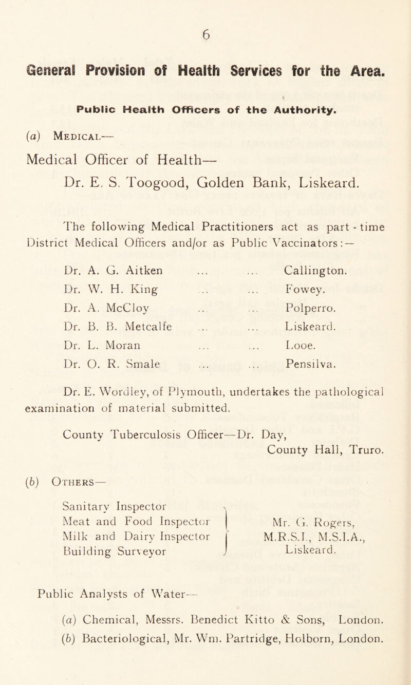 General Provision of Health Services for the Area. Public Health Officers of the Authority, (a) Medical— Medical Officer of Health—- Dr. E, S. Toogood, Golden Bank, Liskeard. The following Medical Practitioners act as part - time District Medical Officers and/or as Public Vaccinators: — Dr. A. G. Aitken Dr. W. H. King Dr. A. McCloy Dr. B. B. Metcalfe Dr. L. Moran Dr. O. R. Smale Callington. Fowey. Polperro. Liskeard. Looe. Pensilva. Dr. E. Word ley, of Plymouth, undertakes the pathological examination of material submitted. County Tuberculosis Officer—Dr. Day, County Hall, Truro. (6) Others— Sanitary Inspector Meat and Food Inspector Milk and Dairy Inspector Building Surveyor Mr. G. Rogers, M.R.S.I, M.S.I.A., Liskeard. Public Analysts of Water— (а) Chemical, Messrs. Benedict Kitto & Sons, London. (б) Bacteriological, Mr. Wm. Partridge, Flolborn, London.