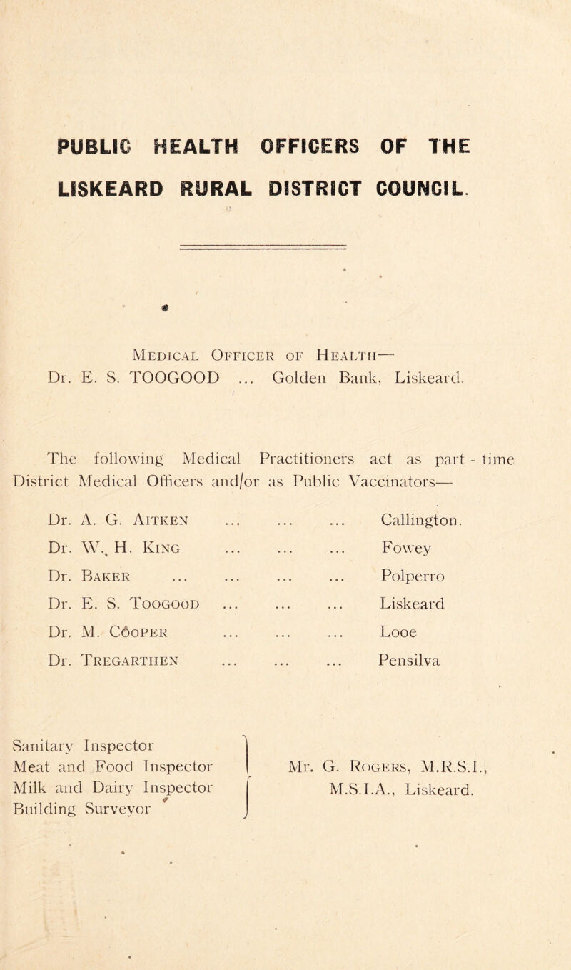 PUBLIC HEALTH OFFICERS OF THE LISKEARD RURAL DISTRICT COUNCIL Medical Officer of Health— Dr. E. S. TOOGOOD ... Golden Bank, Liskeard. The following Medical Practitioners act as part - time District Medical Officers and/or as Public Vaccinators— Dr. A. G. Aitken Dr. W. H. King Dr. Baker Dr. E. S. Toogood Dr. M. C6oper Dr. Tregarthen Callington. F owey Polperro Liskeard Looe Pensilva Sanitary Inspector Meat and Food Inspector Milk and Dairy Inspector Building Surveyor Mr. G. Rogers, M.R.S.I., M.S.I.A., Liskeard.