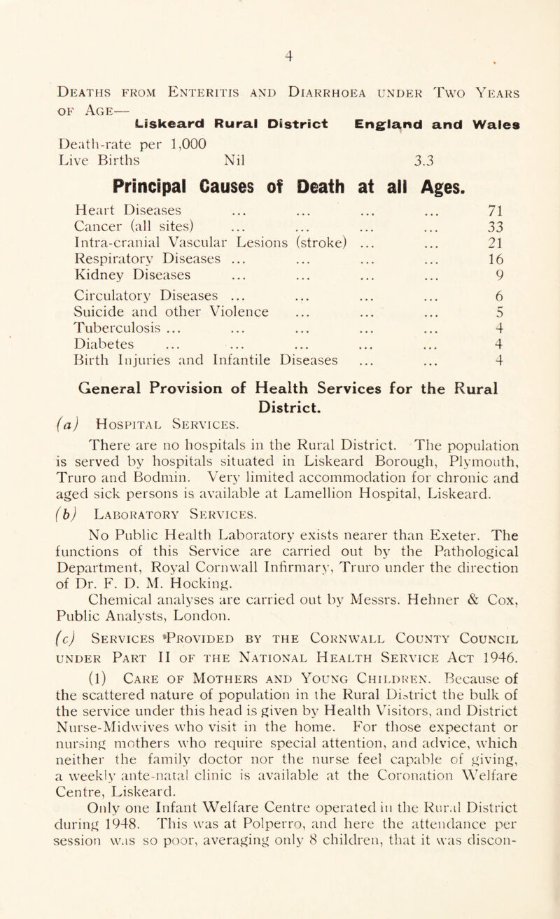 Deaths from Enteritis and Diarrhoea under Two Years of Age— Liskeard Rural District England and Wales Death-rate per 1,000 Live Births Nil 3.3 Principal Causes of Death at all Ages. Heart Diseases ... ... ... ... 71 Cancer (all sites) ... ... ... ... 33 Intra-cranial Vascular Lesions (stroke) ... ... 21 Respiratory Diseases ... ... ... ... 16 Kidney Diseases ... ... ... ... 9 Circulatory Diseases ... ... ... ... 6 Suicide and other Violence ... ... ... 5 Tuberculosis ... ... ... ... ... 4 Diabetes ... ... ... ... ... 4 Birth Injuries and Infantile Diseases ... ... 4 General Provision of Health Services for the Rural District. (a) Hospital Services. There are no hospitals in the Rural District. The population is served by hospitals situated in Liskeard Borough, Plymouth, Truro and Bodmin. Very limited accommodation for chronic and aged sick persons is available at Lamellion Hospital, Liskeard. (b) Laboratory Services. No Public Health Laboratory exists nearer than Exeter. The functions of this Service are carried out by the Pathological Department, Royal Cornwall Infirmary, Truro under the direction of Dr. F. D. M. Hocking. Chemical analyses are carried out by Messrs. Hehner & Cox, Public Analysts, London. (c) Services ^Provided by the Cornwall County Council under Part II of the National Health Service Act 1946. (l) Care of Mothers and Young Children. Because of the scattered nature of population in the Rural District the bulk of the service under this head is given by Health Visitors, and District Nurse-Midwives who visit in the home. For those expectant or nursing mothers who require special attention, and advice, which neither the family doctor nor the nurse feel capable of giving, a weekly ante-natal clinic is available at the Coronation Welfare Centre, Liskeard. Only one Infant Welfare Centre operated in the Rural District during 1948. This was at Polperro, and here the attendance per session was so poor, averaging only 8 children, that it was discon-