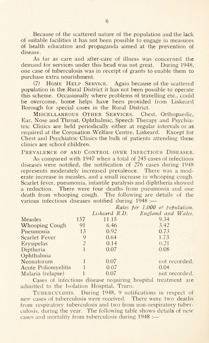 Because of the scattered nature of the population and the lack of suitable facilities it has not been possible to engage in measures of health education and propaganda aimed at the prevention of disease. As far as care and after-care of illness was concerned the demand for services under this head was not great. During 1948, one case of tuberculosis was in receipt of grants to enable them to purchase extra nourishment. (7) Home Help Service. Again because of the scattered population in the Rural District it has not been possible to operate this scheme. Occasionally where problems of travelling etc., could be overcome, home helps have been provided from Liskeard Borough for special cases in the Rural District. Miscellaneous Other Services. Chest, Orthopaedic, Ear, Nose and Throat, Ophthalmic, Speech Therapy and Psychia¬ tric Clinics are held periodically either at regular intervals or as required at the Coronation Welfare Centre, Liskeard. Except for Chest and Psychiatric Clinics the bulk of patients attending these clinics are school children. Prevalence of and Control over Infectious Diseases. As compared with 1947 when a total of 245 cases of infectious diseases were notified, the notification of 276 cases during 1948 represents moderately increased prevalence. There was a mod¬ erate increase in measles, and a small increase in whooping cough. Scarlet fever, pneumonia, infantile paralysis and diphtheria showed a reduction. There were four deaths from pneumonia and one death from whooping cough. The following are details of the various infectious diseases notified during 1948 :— Rates per 1,000 of population. Liskeard R.D. England and Wales. Measles 157 11.15 9.34 Whooping Cough 91 6.46 3.42 Pneumonia 13 0.92 0.73 Scarlet Fever 9 0.64 1.73 Erysipelas 2 0.14 0.21 Diptheria Ophthalmia 1 0.07 0.08 Neonatorum 1 0.07 not recorded. Acute Poliomyelitis 1 0.07 0.04 Malaria (relapse) 1 0.07 not recorded. Cases of. infectious disease requiring hospital treatment are admitted to the Isolation Hospital, Truro. Tuberculosis. During 1948, 9 notifications in respect of new cases of tuberculosis were received. There were two deaths from respiratory tuberculosis and two from non-respiratory tuber¬ culosis, during the year. The following table shows details of new cases and mortality from tuberculosis during 1948 :—