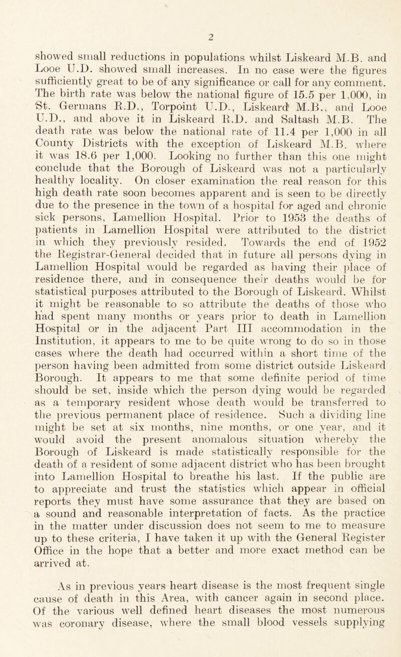 showed small reductions in populations whilst Liskeard M.B. and Looe U.D. showed small increases. In no case were the figures sufficiently great to be of any significance or call for any comment. The birth rate was below the national figure of 15.5 per 1,000, in 'St. Germans R.D., Torpoint U.D., Liskeard' M.B., and Looe U.D., and above it in Liskeard 11.D. and Saltash M.B. The death rate was below the national rate of 11.4 per 1,000 in all County Districts with the exception of Liskeard M.B. where it was 18.6 per 1,000. Looking no further than this one might conclude that the Borough of Liskeard was not a particularly healthy locality. On closer examination the real reason for this high death rate soon becomes apparent and is seen to be directly due to the presence in the town of a hospital for aged and chronic sick persons, Lamellion Hospital. Prior to 1953 the deaths of patients in Lamellion Hospital were attributed to the district in which they previously resided. Towards the end of 1952 the Registrar-General decided that in future all persons dying in Lamellion Hospital would be regarded as having their place of residence there, and in consequence their deaths would be for statistical purposes attributed to the Borough of Liskeard. Whilst it might be reasonable to so attribute the deaths of those who had spent many months or years prior to death in Lamellion Hospital or in the adjacent Part III accommodation in the Institution, it appears to me to be quite wrong to do so in those cases where the death had occurred within a short time of the person having been admitted from some district outside Liskeard Borough. It appears to me that some definite period of time should be set, inside which the person dying would be regarded as a temporary resident whose death would be transferred to the previous permanent place of residence. Such a dividing line might be set at six months, nine months, or one year, and it would avoid the present anomalous situation whereby the Borough of Liskeard is made statistically responsible for the death of a resident of some adjacent district who has been brought into Lamellion Hospital to breathe his last. If the public are to appreciate and trust the statistics which appear in official reports they must have some assurance that they are based on a sound and reasonable interpretation of facts. As the practice in the matter under discussion does not seem to me to measure up to these criteria, I have taken it up with the General Register Office in the hope that a better and more exact method can be arrived at. As in previous years heart disease is the most frequent single cause of death in this Area, with cancer again in second place. Of the various well defined heart diseases the most numerous was coronary disease, where the small blood vessels supplying