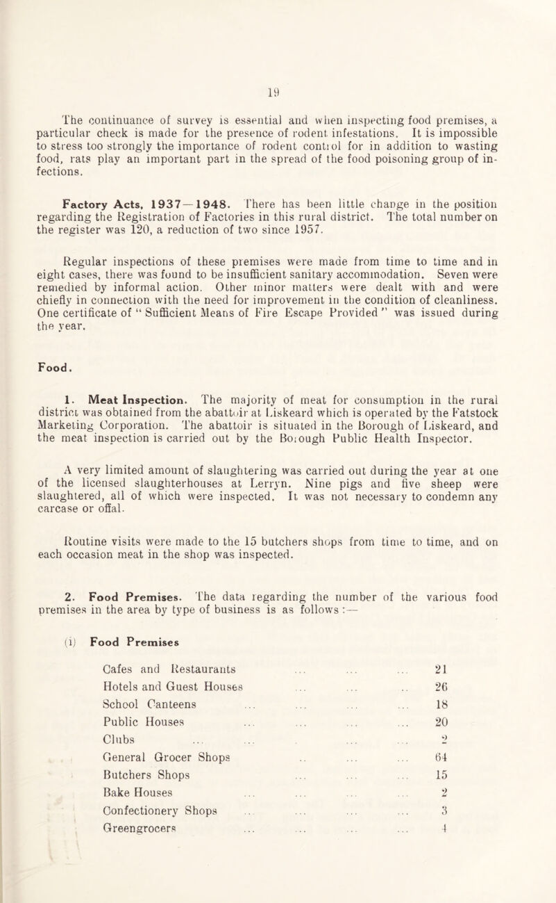 The continuance of survey is essential and when inspecting food premises, a particular check is made for the presence of rodent infestations. It is impossible to stress too strongly the importance of rodent conti ol for in addition to wasting food, rats play an important part in the spread of the food poisoning group of in¬ fections. Factory Acts, 1937—1948. There has been little change in the position regarding the Registration of Factories in this rural district. The total number on the register was 120, a reduction of two since 1957. Regular inspections of these premises were made from time to time and in eight cases, there was found to be insufficient sanitary accommodation. Seven were remedied by informal action. Other minor matters were dealt with and were chiefly in connection with the need for improvement in the condition of cleanliness. One certificate of “ Sufficient Means of Fire Escape Provided” was issued during the year. Food. 1. Meat Inspection. The majority of meat for consumption in the rural district was obtained from the abattoir at Liskeard which is operated by the Fatstock Marketing Corporation. The abattoir is situated in the Borough of Liskeard, and the meat inspection is carried out by the Boiough Public Health Inspector. A very limited amount of slaughtering was carried out during the year at one of the licensed slaughterhouses at Lerryn. Nine pigs and five sheep were slaughtered, ail of which were inspected. It, was not necessary to condemn any carcase or offal. Routine visits were made to the 15 butchers shops from time to time, and on each occasion meat in the shop was inspected. 2. Food Premises. The data regarding the number of the various food premises in the area by type of business is as follows :— (i) Food Premises Cafes and Restaurants Hotels and Guest Houses School Canteens Public Houses Clubs 21 26 18 20 General Grocer Shops Butchers Shops Bake Houses Confectionery Shops Greengrocers 64 15 2 3