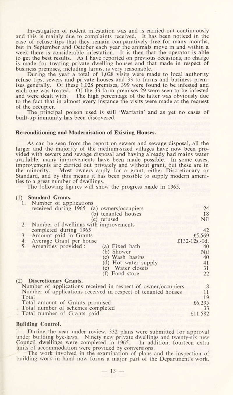 Investigation of rodent infestation was and is carried out continuously and this is mainly due to complaints received. It has been noticed in the case of refuse tips that they remain comparatively free for many months, but in September and October each year the animals move in and within a week there is considerable infestation. It is then that the operator is able to get the best results. As I have reported on previous occasions, no charge is made for treating private dwelling houses and that made in respect of business premises, including farms, is very reasonable. During the year a total of 1,028 visits were made to local authority refuse tips, sewers and private houses and 33 to farms and business prem¬ ises generally. Of these 1,028 premises, 399 were found to be infested and each one was treated. Of the 33 farm premises 29 were seen to be infested and were dealt with. The high percentage of the latter was obviously due to the fact that in almost every instance the visits were made at the request of the occupier. The principal poison used is still ‘Warfarin’ and as yet no cases of built-up immunity has been discovered. Re-conditioning and Modernisation of Existing Houses. As can be seen from the report on sewers and sewage disposal, all the larger and the majority of the medium-sized villages have now been pro¬ vided with sewers and sewage disposal and having already had mains water available, many improvements have been made possible. In some cases, improvements are carried out privately and without grant, but these are in the minority. Most owners apply for a grant, either Discretionary or Standard, and by this means it has been possible to supply modern ameni¬ ties to a great number of dwellings. The following figures will show the progress made in 1965. (1) Standard Grants. 1. Number of applications received during 1965 (a) owners/occupiers 24 (b) tenanted houses 18 (c) refused Nil 2. Number of dwellings with improvements completed during 1965 42 3. Amount paid in Grants £5,569 4. Average Grant per house £132-12s.-0d. 5. Amenities provided : (a) Fixed bath 40 (b) Shower Nil (c) Wash basins 40 (d) Hot water supply 41 (e) Water closets 31 (f) Food store 22 (2) Discretionary Grants. Number of applications received in respect of owner/occupiers 8 Number of applications received in respect of tenanted houses 11 Total 19 Total amount of Grants promised £6,295 Total number of schemes completed 33 Total number of Grants paid £11,582 Building Control. During the year under review, 332 plans were submitted for approval under building bye-laws. Ninety new private dwellings and twenty-six new Council dwellings were completed in 1965. In addition, fourteen extra units of accommodation were provided by conversions. The work involved in the examination of plans and the inspection of building work in hand now forms a major part of the Department’s work.
