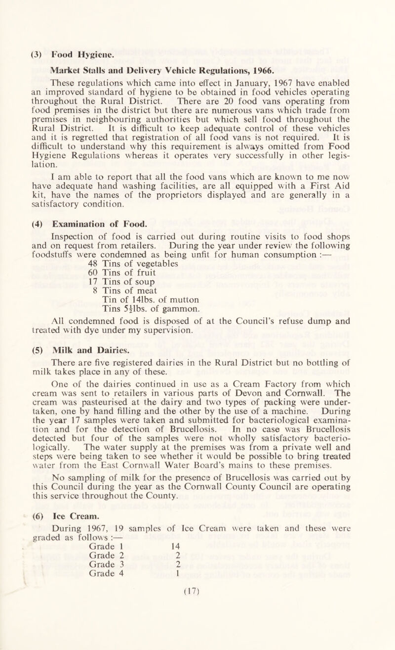 (3) Food Hygiene. Market Stalls and Delivery Vehicle Regulations, 1966. These regulations which came into effect in January, 1967 have enabled an improved standard of hygiene to be obtained in food vehicles operating throughout the Rural District. There are 20 food vans operating from food premises in the district but there are numerous vans which trade from premises in neighbouring authorities but which sell food throughout the Rural District. It is difficult to keep adequate control of these vehicles and it is regretted that registration of all food vans is not required. It is difficult to understand why this requirement is always omitted from Food Hygiene Regulations whereas it operates very successfully in other legis¬ lation. I am able to report that all the food vans which are known to me now have adequate hand washing facilities, are all equipped with a First Aid kit, have the names of the proprietors displayed and are generally in a satisfactory condition. (4) Examination of Food. Inspection of food is carried out during routine visits to food shops and on request from retailers. During the year under review the following foodstuffs were condemned as being unfit for human consumption :— 48 Tins of vegetables 60 Tins of fruit 17 Tins of soup 8 Tins of meat Tin of 141bs. of mutton Tins 5Jlbs. of gammon. All condemned food is disposed of at the Council’s refuse dump and treated with dye under my supervision. (5) Milk and Dairies. There are five registered dairies in the Rural District but no bottling of milk takes place in any of these. One of the dairies continued in use as a Cream Factory from which cream was sent to retailers in various parts of Devon and Cornwall. The cream was pasteurised at the dairy and two types of packing were under¬ taken, one by hand filling and the other by the use of a machine. During the year 17 samples were taken and submitted for bacteriological examina¬ tion and for the detection of Brucellosis. In no case was Brucellosis detected but four of the samples were not wholly satisfactory bacteco¬ logically. The water supply at the premises was from a private well and steps were being taken to see whether it would be possible to bring treated water from the East Cornwall Water Board’s mains to these premises. No sampling of milk for the presence of Brucellosis was carried out by this Council during the year as the Cornwall County Council are operating this service throughout the County. (6) Ice Cream. During 1967, 19 samples of Ice Cream were taken and these were graded as follows :— Grade 1 14 Grade 2 2 Grade 3 2 Grade 4 1