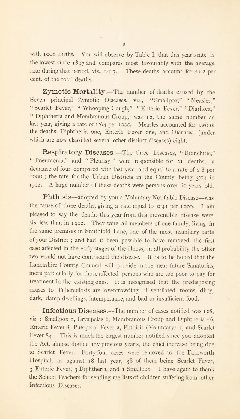 the lowest since 1897 and compares most favourably with the average rate during that period, viz., 1417. These deaths account for 21 '2 per cent, of the total deaths. Zymotic Mortality.—The number of deaths caused by the Seven principal Zymotic Diseases, viz., “Smallpox,” “Measles,” “Scarlet Fever,” “ Whooping Cough,” “Enteric Fever,” “Diarhoea,” “ Diphtheria and Membranous Croup,” was 12, the same number as last year, giving a rate of 1*64 per 1000. Measles accounted for two of the deaths, Diphtheria one, Enteric Fever one, and Diarhoea (under which are now classified several other distinct diseases) eight. Respiratory Diseases..—The three Diseases, “ Bronchitis,” “Pneumonia,” and “Pleurisy” were responsible for 21 deaths, a decrease of four compared with last year, and equal to a rate of 2 8 per 1000 ; the rate for the EYban Districts in the County being 3‘04 in 1902. A large number of these deaths were persons over 60 years old. Phthisis—adopted by you a Voluntary Notifiable Disease—was the cause of three deaths, giving a rate equal to 0*41 per 1000. I am pleased to say the deaths this year from this preventible disease were six less than in 1902. They were all members of one family, living in the same premises in Smithfold Lane, one of the most insanitary parts of your District ; and had it been possible to have removed the first case affected in the early stages of the illness, in all probability the other two would not have contracted the disease. It is to be hoped that the Lancashire County Council will provide in the near future Sanatorias, more particularly for those affected persons who are too poor to pay for treatment in the existing ones. It is recognised that the predisposing causes to Tuberculosis are overcrowding, ill-ventilated rooms, dirty, dark, damp dwellings, intemperance, and bad or insufficient food. Infectious Diseases.—The number of cases notified was 128, viz. : Smallpox 1, Erysipelas 6, Membranous Croup and Diphtheria 26, Enteric Fever 8, Puerperal Fever 2, Phthisis (Voluntary) 1, and Scarlet Fever 84. This is much the largest number notified since you adopted the Act, almost double any previous year’s, the chief increase being due to Scarlet Fever. Forty-four cases were removed to the Farnworth Hospital, as against 18 last year, 38 of them being Scarlet Fever, 3 Enteric Fever, 3 Diphtheria, and 1 Smallpox. I have again to thank the School Teachers for sending me lists of children suffering from other Infectious Diseases.