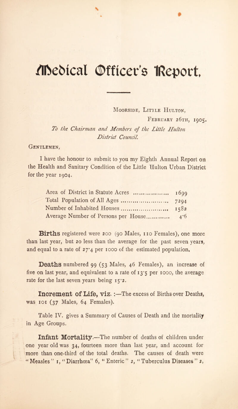 /nbebical (Officer's IRepoct, Moorside, Little Hulton, February 26th, 1905. To the Chairman and Members of the Little Hulton District Council Gentlemen I have the honour to submit to you my Eighth Annual Report on the Health and Sanitary Condition of the Little Hulton Urban District for the year 1904, Area of District in Statute Acres Total Population of All Ages. Number of Inhabited Houses. Average Number of Persons per House Births registered were 200 (90 'Males, no Females), one more than last year, but 20 less than the average for the past seven years, and equal to a rate of 27*4 per 1000 of the estimated population. Deaths numbered 99 (53 Males, 46 Females), an increase of five on last year, and equivalent to a rate of 13’5 per 1000, the average rate for the last seven years being 15*2. Increment of Life, viz. :—The excess of Births over Deaths, was 101 (37 Males, 64 Females). Table IV. gives a Summary of Causes of Death and the mortality in Age Groups. Infant Mortality “The number of deaths of children under one year old was 34, fourteen more than last year, and account for more than one-third of the total deaths. The causes of death were “ Measles ” i,“ Diarrhoea” 6, “ Enteric ” 2, “ Tuberculus Diseases ”