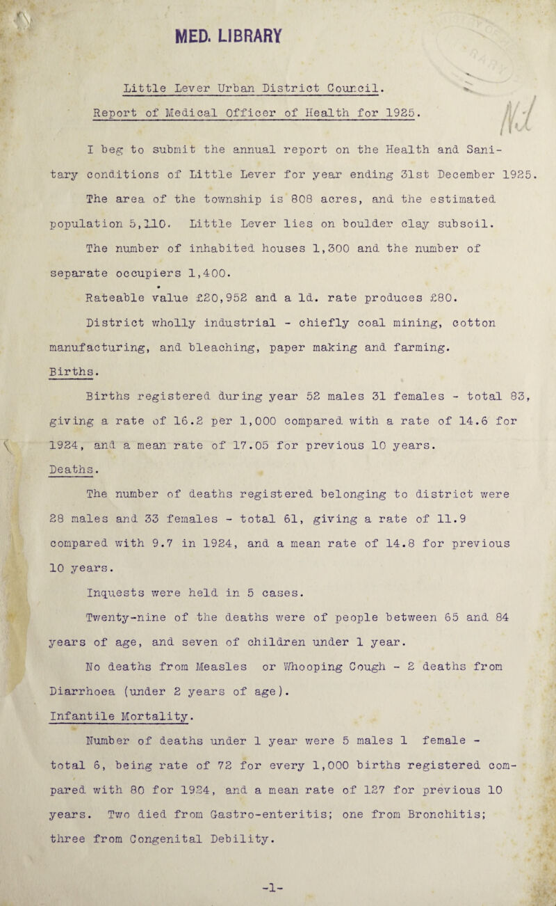 MED. LIBRARY Little Lever Urban District Council. ^ A / Report of Medical Officer of Health for 1925. /M I beg to submit the annual report on the Health and Sani¬ tary conditions of Little Lever for year ending 31st December 1925 The area of the township is 808 acres, and the estimated population 5,110c Little Lever lies on boulder clay subsoil. The number of inhabited houses 1,300 and the number of separate occupiers 1,400. Rateable value £20,952 and a Id. rate produces £80. District wholly industrial - chiefly coal mining, cotton manufacturing, and bleaching, paper making and farming. Births. Births registered during year 52 males 31 females - total 83, giving a rate of 16.2 per 1,000 compared with a rate of 14.6 for 1924, and a mean rate of 17.05 for previous 10 years. Deaths. The number of deaths registered belonging to district were 28 males and 33 females - total 61, giving a rate of 11.9 compared with 9.7 in 1924, and a mean rate of 14.8 for previous 10 years. Inquests were held in 5 cases. Twenty-nine of the deaths were of people between 65 and 84 years of age, and seven of children under 1 year. Ho deaths from Measles or Whooping Cough - 2 deaths from Diarrhoea (under 2 years of age). Infantile Mortality. Humber of deaths under 1 year were 5 males 1 female - total 6, being rate of 72 for every 1,000 births registered com¬ pared with 80 for 1924, and a mean rate of 127 for previous 10 years. Two died from Gastro-enteritis; one from Bronchitis; three from Congenital Debility. -1-