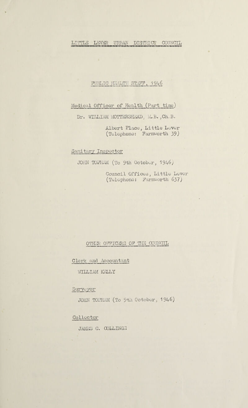LITTL3 LEVER URBAN DISTRICT COUNCIL PUBLIC HEALTH STAFF, 1946 Medical Officer of Health (Part time) Dr. WILLIAM M0TTER3HEAD; M.B. ,Ch.B. Albert Place, Little Luvor (Telephone: Farnworth 39) Sanitary Inspector JOHN TOHlAM (To 9til October, 1946; Council Officer, Little Lever (Telephone: Farnworth 637) OTHER OFFICERS OF THE COUNCIL Clerk and Accountant WILLIAM KELLY Surveyor JOHN TOHiAM (To 9th October, 1946) Collector JAMES C. COLLINGE