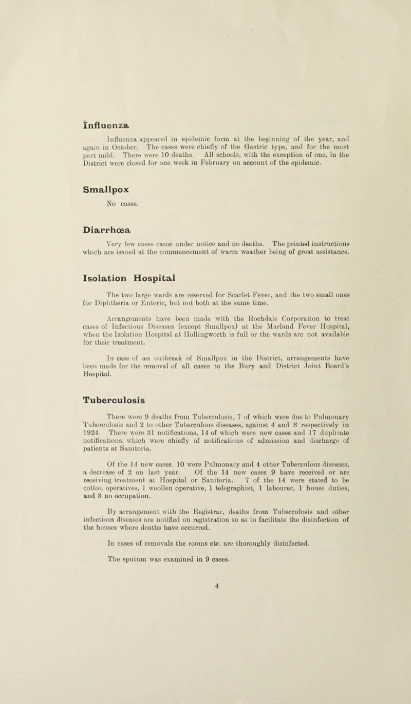 Influenza Influenza appeared in epidemic form at the beginning of the year, and again in October. The cases were chiefly of the Gastric type, and for the most part mild. There were 10 deaths. All schools, with the exception of one, in the District were closed for one week in February on account of the epidemic. Smallpox No cases. Diarrhoea Very few cases came under notice and no deaths. The printed instructions which are issued at the commencement of warm weather being of great assistance. Isolation Hospital The two large wards are reserved for Scarlet Fever, and the two small ones for Diphtheria or Enteric, but not both at the same time. Arrangements have been made with the Rochdale Corporation to treat cases of Infectious Diseases (except Smallpox) at the Marland Fever Hospital, when the Isolation Hospital at Hollingworth is full or the wards are not available for their treatment. In case of an outbreak of Smallpox in the District, arrangements have been made for the removal of all cases to the Bury and District Joint Board’s Hospital. Tuberculosis There were 9 deaths from Tuberculosis, 7 of which were due to Pulmonary Tuberculosis and 2 to other Tuberculous diseases, against 4 and 3 respectively in 1924. There were 31 notifications, 14 of which were new cases and 17 duplicate notifications, which were chiefly of notifications of admission and discharge of patients at Sanitoria. Of the 14 new cases. 10 were Pulmonary and 4 other Tuberculous diseases, a decrease of 2 on last year. Of the 14 new cases 9 have received or are receiving treatment at Hospital or Sanitoria. 7 of the 14 were stated to be cotton operatives, 1 woollen operative, 1 telegraphist, 1 labourer, 1 house duties, and 3 no occupation. By arrangement with the Registrar, deaths from Tuberculosis and other infectious diseases are notified on registration so as to facilitate the disinfection of the houses where deaths have occurred. In cases of removals the rooms etc. are thoroughly disinfected. The sputum was examined in 9 cases.