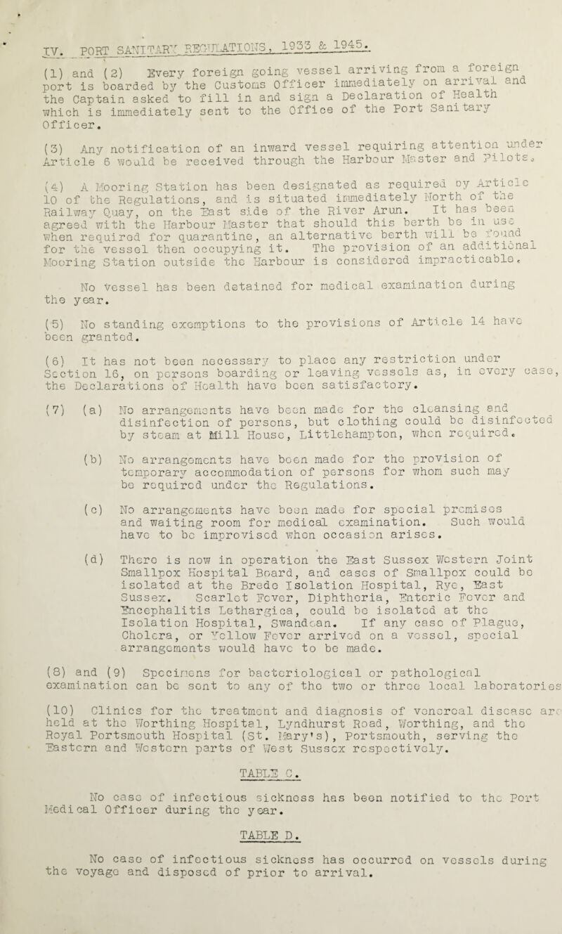 TV* PORT SANITARY REN'JLATIONS , 1955 cz Ix-A-A- (1) and (2) Every foreign going vessel arriving from a foreign port is boarded by the Customs Officer immediately on arrival an the Captain asked to fill in and sign a Declaration of Hoaltn which is immediately sent to the Office of the Port Sanitaiy Officer. (3) Any notification of an inward vessel requiring attention under Article 6 would be received through the Harbour Master and pilots „ (4) A Mooring Station has been designated as required oy Article 10 of the Regulations, and is situated immediately North o± tne Railway Quay, on the East side of the River Arun. It has been agreed with the Harbour Master that should this berth be in use, when required for quarantine, an alternative berth will be 'i.ouad for the vessel then occupying it. The provision of an additional Mooring Station outside the Harbour is considered impracticable* No vessel has been detained for medical examination during the year. (5) No standing exemptions to the provisions of Article 14 ha\zA been granted. (6) It has not been necessary to place any restriction under Section 16, on persons boarding or leaving vessels as, in every case, the Declarations of Health have been satisfactory. (7) (a) No arrangements have been made for the cleansing and disinfection of persons, but clothing could be disinfected by steam at Mill House, Littlehampton, when required* (b) No arrangements have been made for the provision of temporary accommodation of persons for whom such may be required under the Regulations. (c) No arrangements have been made for special premises and waiting room for medical examination. Such would have to be improvised when occasion arises. (d) There is now in operation the East Sussex Western Joint Smallpox Hospital Board, and cases of Smallpox could be isolated at the Brede Isolation Hospital, Rye, East Sussex. Scarlet Ecver, Diphtheria, Enteric Never and Encephalitis Lethargica, could be isolated at the Isolation Hospital, Swandoan. If any case of Plague, Cholera, or Yellow Fever arrived on a vessel, special arrangements would have to be made. (8) and (9) Specimens for bacteriological or pathological examination can be sent to any of the two or three local laboratories (10) Clinics for the treatment and diagnosis of venereal disease arc held at the Worthing Hospital, Lyndhurst Road, Worthing, and the Royal Portsmouth Hospital (St. Mary’s), Portsmouth, serving the Eastern and Western parts of West Sussex respectively. TABLE C. No case of infectious sickness has been notified to the Port Medical Officer during the year. TABLE D. No case of infectious sickness has occurred on vessels during the voyage and disposed of prior to arrival.