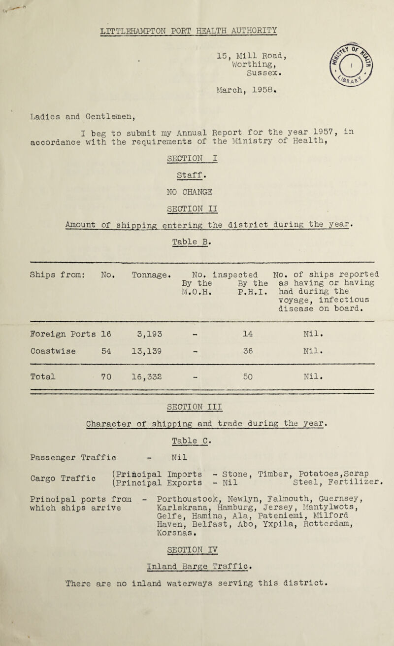 15, Mill Road, Worthing, Sussex. March, 1958. Ladies and Gentlemen, I beg to submit my Annual Report for the year 1957, in accordance with the requirements of the Ministry of Health, SECTION I Staff. NO CHANGE SECTION II Amount of shipping entering the district during the year. Table B. Ships from: No. Tonnage. No. inspected By the By the M.O.H. P.H.I. No. of ships reported as having or having had during the voyage, infectious disease on board. Foreign Ports 16 3,193 - 14 Nil. Coastwise 54 13,139 - 36 Nil. Total 70 16,332 — 50 Nil. SECTION III Character of shipping and trade during the year. Table C. Passenger Traffic - Nil (Principal Imports - Stone, Timber, Potatoes,scrap oargo iramc (principal Exports - Nil Steel, Fertilizer. Principal ports from - Porthoustook, Newlyn, Falmouth, Guernsey, which ships arrive Karlskrana, Hamburg, Jersey, Mantylwots, Gelfe, Hamina, Ala, Pateniemi, Milford Haven, Belfast, Abo, Yxpila, Rotterdam, Korsnas. SECTION IV Inland Barge Traffio. 'There are no inland waterways serving this district.