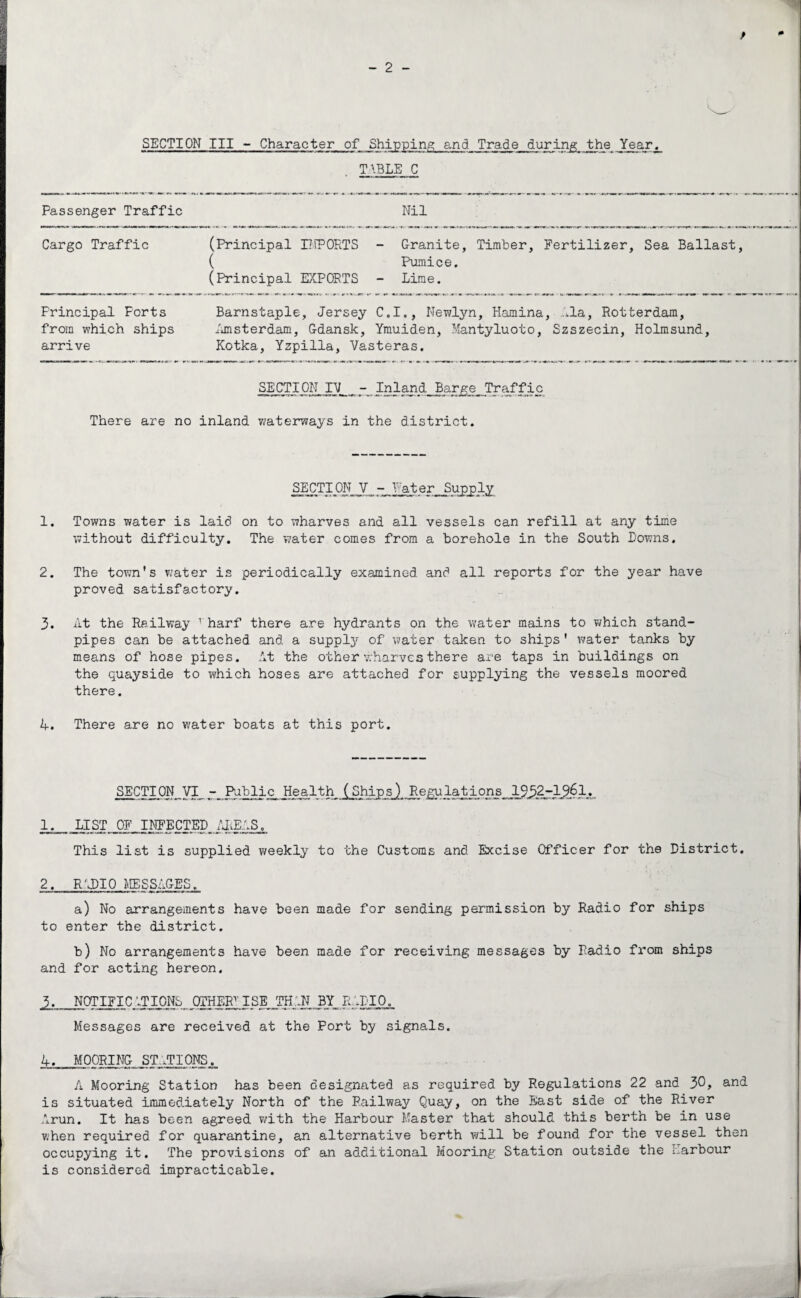 SECTION III - Character of Shipping and Trade during the Year, TABLE C Passenger Traffic Nil Cargo Traffic (Principal IMPORTS - Granite, Timber, Fertilizer, Sea Ballast, ( Pumice. (Principal EXPORTS - Lime. Principal Forts Barnstaple, Jersey C.I., Newlyn, Hamina, ...la, Rotterdam, from which ships Amsterdam, Gdansk, Ymuiden, Mantyluoto, Szszecin, Holmsund, arrive Kotka, Yzpilla, Vasteras. SECTION IV Inland Barge Traffic There are no inland waterways in the district. SECTION V - Pater Supply 1. Towns water is laid on to wharves and all vessels can refill at any time without difficulty. The water comes from a borehole in the South Downs. 2. The town's water is periodically examined and all reports for the year have proved satisfactory. 3. At the Railway rharf there are hydrants on the water mains to which stand¬ pipes can be attached and a supply of water taken to ships' water tanks by means of hose pipes. At the other wharves there are taps in buildings on the quayside to which hoses are attached for supplying the vessels moored there. 4. There are no water boats at this port. SECTION VI - Public Health (Ships) Regulations 1952-1961. 1. LIST OF. INFECTED AREAS., This list is supplied weekly to the Customs and Excise Officer for the District. 2. RADIO MESSAGES. a) No arrangements have been made for sending permission by Radio for ships to enter the district. b) No arrangements have been made for receiving messages by Radio from ships and for acting hereon. 3. NOTIFICATIONS OTHER1 ISE THIN BY RADIO. Messages are received at the Port by signals. 4. MOORING STATIONS. A Mooring Station has been designated as required by Regulations 22 and 30, and is situated immediately North of the Railway Quay, on the East side of the River Arun. It has been agreed with the Harbour Master that should this berth be in use when required for quarantine, an alternative berth will be found for the vessel then occupying it. The provisions of an additional Mooring Station outside the harbour is considered impracticable.