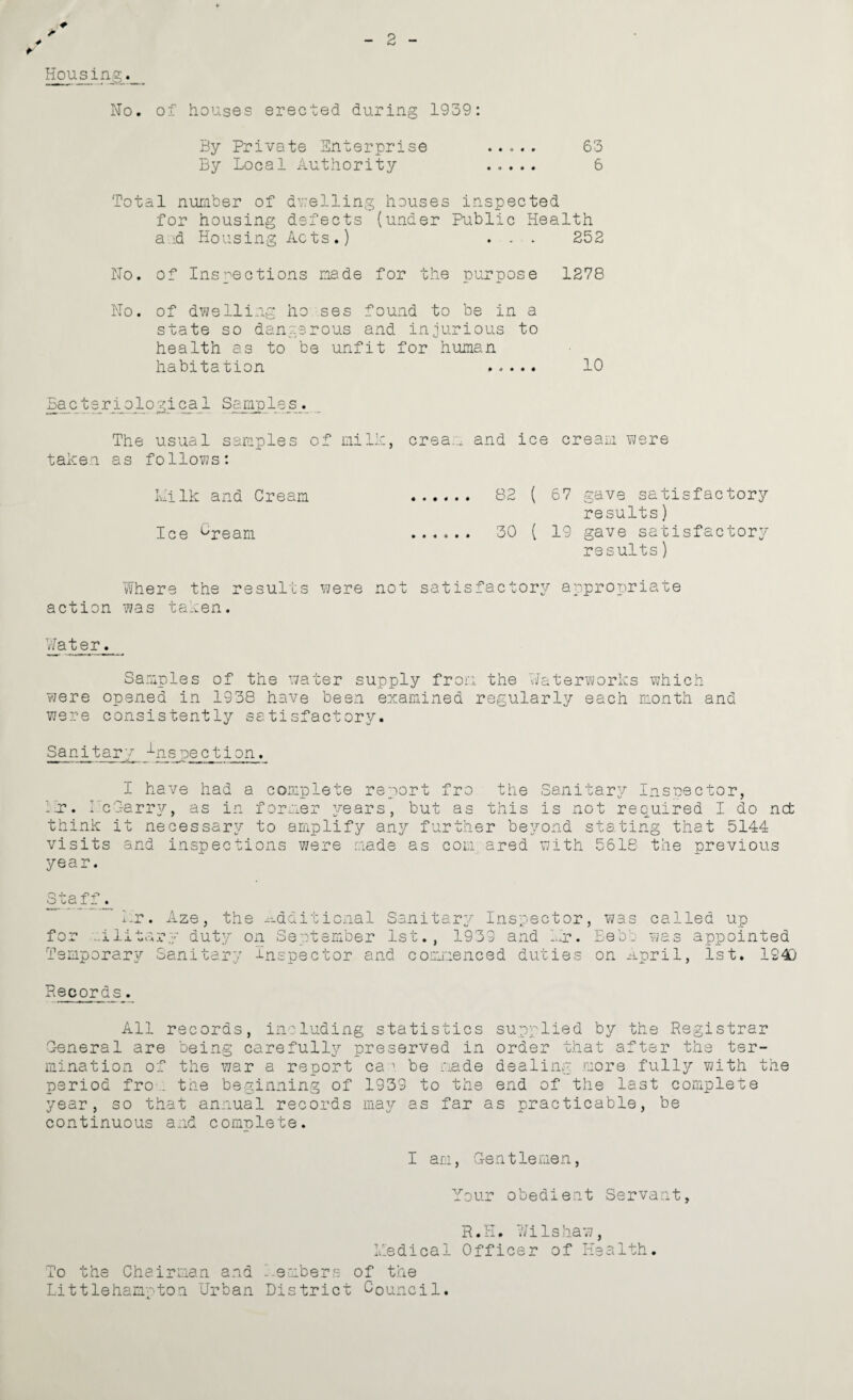 2 * * Housing. No. of houses erected during 1939: By Private Ente rprise • • 0 • • 63 By Local A uthor ity 6 Tot al number of dv; ellin g houses inspected for housing de f ec ts (under Public He a 1th a id Housing Ac ts.) • * 252 No. of Inspections made for the purpose 1278 No. of dwelling ho ses found to be in a state so dangs rous and inju rious to health as to be unfit for human habitation ..... 10 Bacteriological Samples. The usual samples of milk, cream and ice cream were taken as follows: Hilk and Cream . 82 ( 67 gave satisfactory results) Ice Cream . 30 ( 19 gave satisfactory results) Where the results were not satisfactory appropriate action was taken. Water. Samples of the water supply from the Waterworks which were opened in 1938 have been examined regularly each month and were consistently satisfactory. Sani tar7 i.ns pe c ti on. I have had a complete report fro the Sanitary Inspector, Hr. I cCarry, as in former years, but as this is not required I do net think it necessary to amplify any further beyond stating that 5144 visits and inspections were made as com ared with 5618 the previous year. Staff. 'Hr. Aze, the Additional Sanitary Inspector, was called up for military duty on September 1st., 1933 and Hr. Bebb was appointed Temporary Sanitary Inspector and commenced duties on April, 1st. 194) Records. All records, including statistics supplied by the Registrar General are being carefully preserved in order that after the ter¬ mination of the war a report ca 1 be made dealing more fully with the period fro . the beginning of 1933 to the end of the last complete year, so that annual records may as far as practicable, be continuous and complete. I am, Gentle men, Your obedient Servant, R.H. WiIs haw, Lie di cal Officer of Health. To the Chairman and kembers of the Lit tie ham''ton Urban District Council.