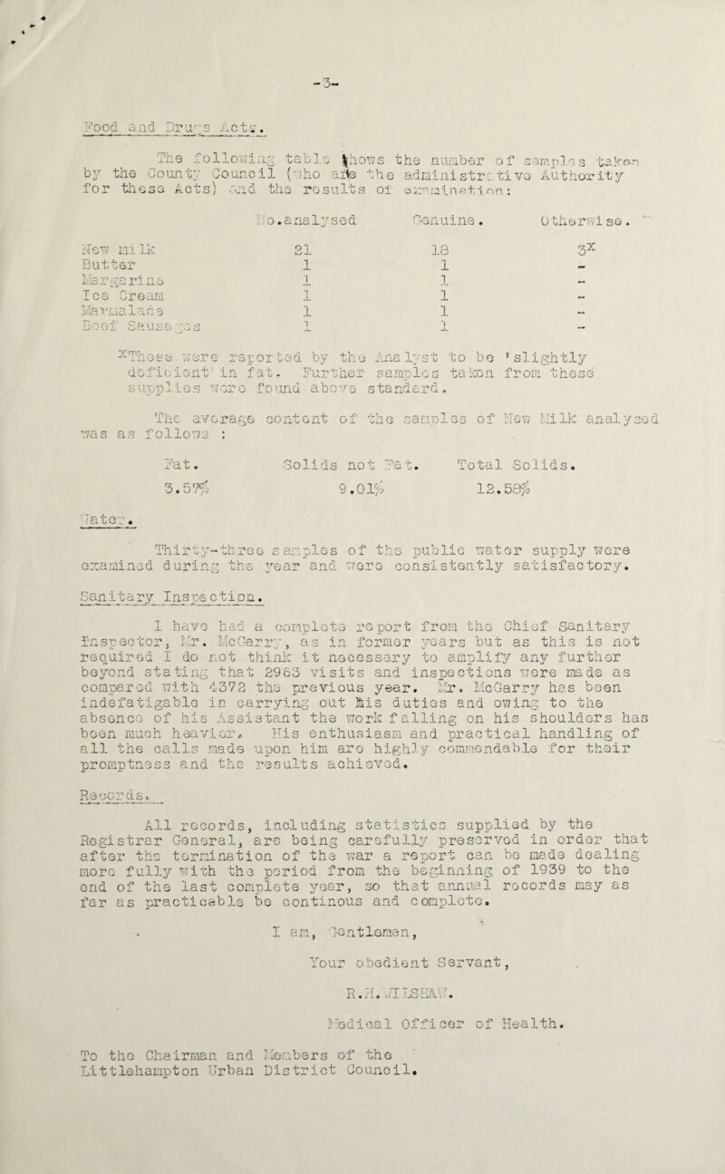 -3- ♦ r Food and Druf^s Act^:. The followia^ table ^ho-^s the nunber of b^.^ the County Goujicil (uho aite the adniinistrotiv for these Acts) ouid the results of e^r-^riinf-ti on: £ am p ].o 3 t a F on 3 Authoi'ity ileTj milk Butter ioar^^^a riiie Ice Crearii MaTLialade Bool' Sausa vOi ;o.analysed 21 1 1 1 1 C-Giiuina. 18 1 1 1 1 1 Otherv/i so. 3^ ^Those o/ere reported bj? the Fn.al‘/~st to bo ’slightly dofieient'in fat. Further samples taken from these supplies e'ere found above standard. The average content of the samples of Neu Milk analysed Tjas as folloY73 ; Fat. 3.57f. Solids not Fat, 9.01^’s Total Solids. 12.5Sf:» ■later • Thirty-three samples of the public rjater supply were Gmaminod during i In c Oilo .year and nere consistently satisfactory. Sanitary Inspection. 1 have had a complete report from the Chief sanitary Inspector5 Mr. McOarry, as in former 3'ears but as this is not required I do not think it necessary to amplify any further beyond stating that 2963 visits and inspoctions mere made as compared uith 1372 the previous year. Mr. McC-arr;/ has boen indefatigable in carrying out his duties and owing to the absence of his Assistant the work falling on his shoulders ha boen much heavier.-, Kis enthusiasm and practical handling of all the calls made upon him are highly commendable for their promptness and the results achieved. Reocrds.: All records, including statistics supplied by the Registrar General, are being carefull;.; preserved in order that after the termination of the war a report can be made dealing more fully with the period from the beginning of 1939 to the end of the last complete yoQ-T, so that annual records may as far as practicabls bo continous and coniDloto. I am. Gentlemen, Your obedient Servant, R.?[.',/ILSEAy. I''odioal Officer To the Chairman and Members of the Littlehampton Urban District Council. of Health