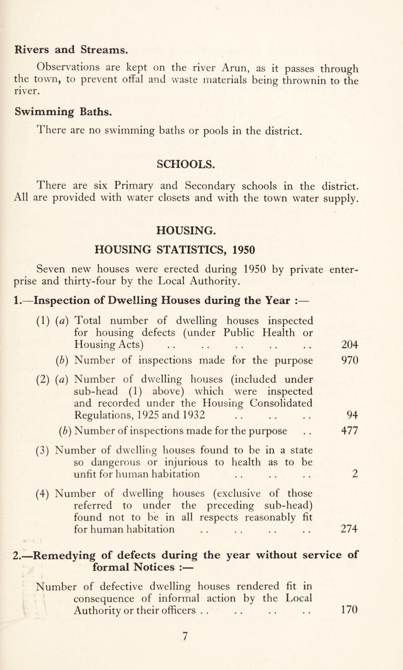 Rivers and Streams. Observations are kept on the river Arun, as it passes through the town, to prevent offal and waste materials being thrownin to the river. Swimming Baths. There are no swimming baths or pools in the district. SCHOOLS. There are six Primary and Secondary schools in the district. All are provided with water closets and with the town water supply. HOUSING. HOUSING STATISTICS, 1950 Seven new houses were erected during 1950 by private enter¬ prise and thirty-four by the Local Authority. 1. —Inspection of Dwelling Houses during the Year :— (1) (a) Total number of dwelling houses inspected for housing defects (under Public Health or Housing Acts) . . . . . . . . . . 204 (b) Number of inspections made for the purpose 970 (2) (a) Number of dwelling houses (included under sub-head (1) above) which were inspected and recorded under the Housing Consolidated Regulations, 1925 and 1932 . . . . . . 94 (b) Number of inspections made for the purpose .. 477 (3) Number of dwelling houses found to be in a state so dangerous or injurious to health as to be unfit for human habitation . . . . . . 2 (4) Number of dwelling houses (exclusive of those referred to under the preceding sub-head) found not to be in all respects reasonably fit for human habitation . . . . . . .. 274 2. —Remedying of defects during the year without service of formal Notices :— Number of defective dwelling houses rendered fit in consequence of informal action by the Local Authority or their officers . . .. .. .. 170