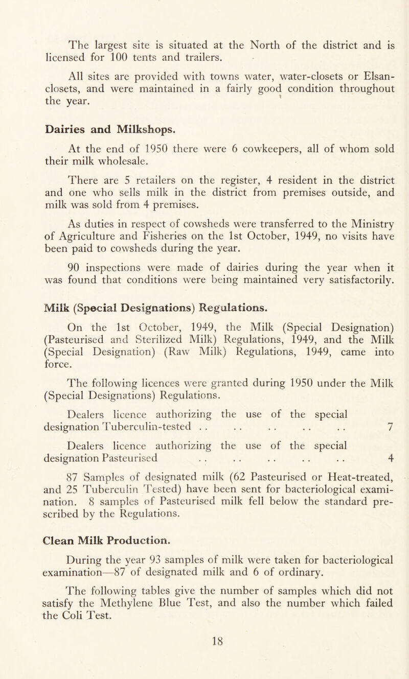 The largest site is situated at the North of the district and is licensed for 100 tents and trailers. All sites are provided with towns water, water-closets or Elsan- closets, and were maintained in a fairly good condition throughout the year. Dairies and Milkshops. At the end of 1950 there were 6 cowkeepers, all of whom sold their milk wholesale. There are 5 retailers on the register, 4 resident in the district and one who sells milk in the district from premises outside, and milk was sold from 4 premises. As duties in respect of cowsheds were transferred to the Ministry of Agriculture and Fisheries on the 1st October, 1949, no visits have been paid to cowsheds during the year. 90 inspections were made of dairies during the year when it was found that conditions were being maintained very satisfactorily. Milk (Special Designations) Regulations. On the 1st October, 1949, the Milk (Special Designation) (Pasteurised and Sterilized Milk) Regulations, 1949, and the Milk (Special Designation) (Raw Milk) Regulations, 1949, came into force. The following licences were granted during 1950 under the Milk (Special Designations) Regulations. Dealers licence authorizing the use of the special designation Tuberculin-tested . . . . . . . . .. 7 Dealers licence authorizing the use of the special designation Pasteurised . . . . . . . . . . 4 87 Samples of designated milk (62 Pasteurised or Heat-treated, and 25 Tuberculin Tested) have been sent for bacteriological exami¬ nation. 8 samples of Pasteurised milk fell below the standard pre¬ scribed by the Regulations. Clean Milk Production. During the year 93 samples of milk were taken for bacteriological examination—87 of designated milk and 6 of ordinary. The following tables give the number of samples which did not satisfy the Methylene Blue Test, and also the number which failed the Coli Test.