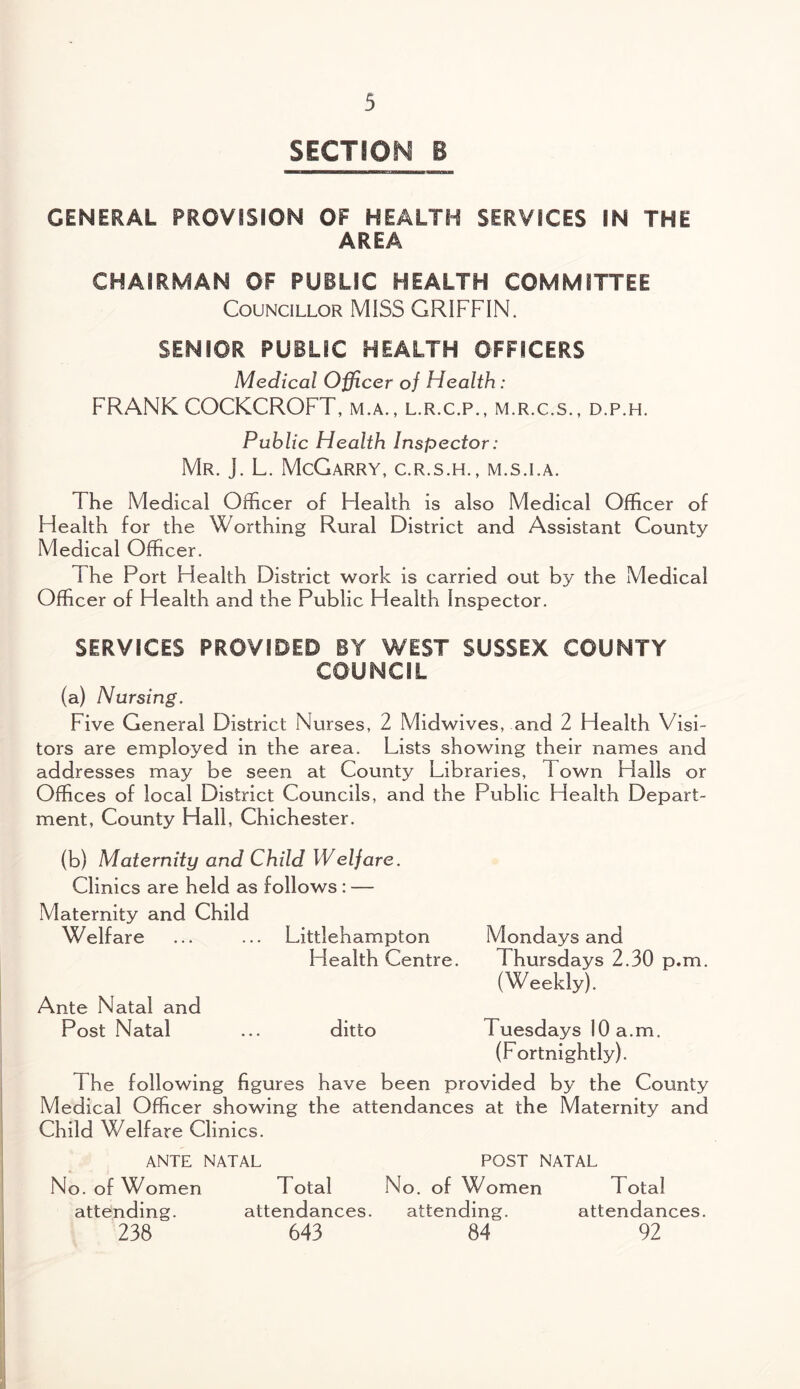 SECTION B GENERAL PROVISION OF HEALTH SERVICES IN THE AREA CHAIRMAN OF PUBLIC HEALTH COMMITTEE Councillor MISS GRIFFIN. SENIOR PUBLIC HEALTH OFFICERS Medical Officer of Health: FRANK COCKCROFT, m.a., l.r.c.p., m.r.c.s., d.p.h. Public Health Inspector: Mr. J. L. McGarry, c.r.s.h., m.s.i.a. The Medical Officer of Flealth is also Medical Officer of Health for the Worthing Rural District and Assistant County Medical Officer. The Port Health District work is carried out by the Medical Officer of Health and the Public Health Inspector. SERVICES PROVIDED BY WEST SUSSEX COUNTY COUNCIL (a) Nursing. Five General District Nurses, 2 Midwives, and 2 Health Visi¬ tors are employed in the area. Lists showing their names and addresses may be seen at County Libraries, Town Halls or Offices of local District Councils, and the Public Health Depart¬ ment, County Hall, Chichester. (b) Maternity and Child Welfare. Clinics are held as follows : -— Maternity and Child Welfare ... ... Littlehampton Mondays and Health Centre. Thursdays 2.30 p.m. (Weekly). Ante Natal and Post Natal ... ditto Tuesdays 10 a.m. (Fortnightly). The following figures have been provided by the County Medical Officer showing the attendances at the Maternity and Child Welfare Clinics. ANTE NATAL POST NATAL No. of Women Total No. of Women Total attending. attendances. attending. attendances. 238 643 84 92