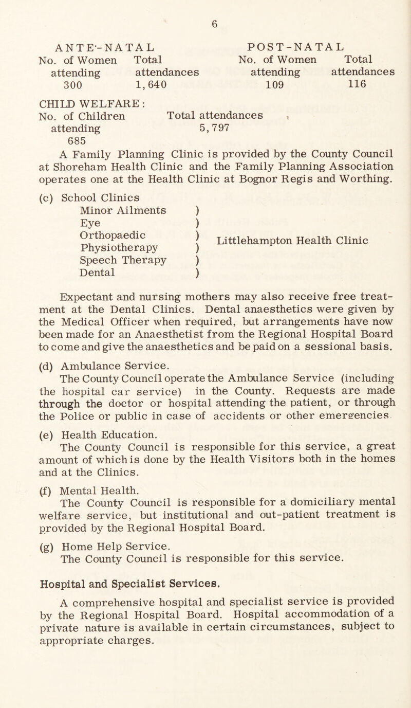 ANTE-NATA L No. of Women Total attending attendances 300 1,640 POST-NATAL No. of Women Total attending attendances 109 116 CHILD WELFARE : No. of Children Total attendances , attending 5,797 685 A Family Planning Clinic is provided by the County Council at Shoreham Health Clinic and the Family Planning Association operates one at the Health Clinic at Bognor Regis and Worthing. (c) School Clinics Minor Ailments ) Eye ) Orthopaedic ) Physiotherapy ) Speech Therapy ) Dental ) Littlehampton Health Clinic Expectant and nursing mothers may also receive free treat¬ ment at the Dental Clinics. Dental anaesthetics were given by the Medical Officer when required, but arrangements have now been made for an Anaesthetist from the Regional Hospital Board to come and give the anaesthetics and be paid on a sessional basis. <d) Ambulance Service. The County Council operate the Ambulance Service (including the hospital car service) in the County. Requests are made through the doctor or hospital attending the patient, or through the Police or public in case of accidents or other emergencies (e) Health Education. The County Council is responsible for this service, a great amount of which is done by the Health Visitors both in the homes and at the Clinics. (f) Mental Health. The County Council is responsible for a domiciliary mental welfare service, but institutional and out-patient treatment is provided by the Regional Hospital Board. (g) Home Help Service. The County Council is responsible for this service. Hospital and Specialist Services. A comprehensive hospital and specialist service is provided by the Regional Hospital Board. Hospital accommodation of a private nature is available in certain circumstances, subject to appropriate charges.