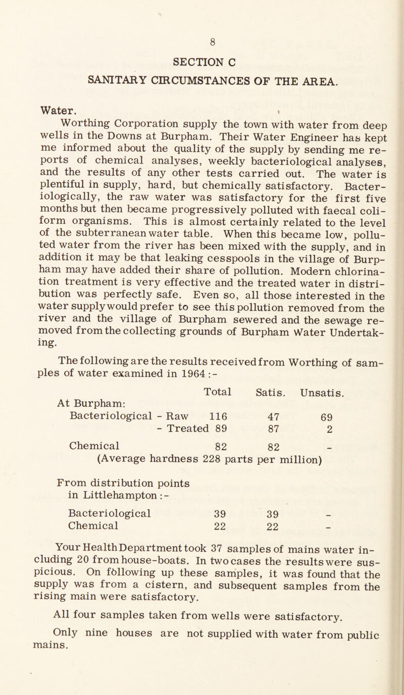 SECTION C SANITARY CIRCUMSTANCES OF THE AREA. Water. » Worthing Corporation supply the town with water from deep wells in the Downs at Burpham. Their Water Engineer has kept me informed about the quality of the supply by sending me re¬ ports of chemical analyses, weekly bacteriological analyses, and the results of any other tests carried out. The water is plentiful in supply, hard, but chemically satisfactory. Bacter- iologically, the raw water was satisfactory for the first five months but then became progressively polluted with faecal coli- form organisms. This is almost certainly related to the level of the subterranean water table. When this became low, pollu¬ ted water from the river has been mixed with the supply, and in addition it may be that leaking cesspools in the village of Burp¬ ham may have added their share of pollution. Modern chlorina¬ tion treatment is very effective and the treated water in distri¬ bution was perfectly safe. Even so, all those interested in the water supply would prefer to see this pollution removed from the river and the village of Burpham sewered and the sewage re¬ moved from the collecting grounds of Burpham Water Undertak¬ ing. The following are the results received from Worthing of sam¬ ples of water examined in 1964 :- At Burpham: Total Satis. Unsatis Bacteriological - Raw 116 47 69 - Treated 89 87 2 Chemical 82 82 (Average hardness 228 parts per million) From distribution points in Littlehampton: - Bacteriological 39 39 Chemical 22 22 Your Health Department took 37 samples of mains water in¬ cluding 20 from house-boats. In two cases the results were sus¬ picious. On following up these samples, it was found that the supply was from a cistern, and subsequent samples from the rising main were satisfactory. All four samples taken from wells were satisfactory. Only nine houses are not supplied with water from public mains.