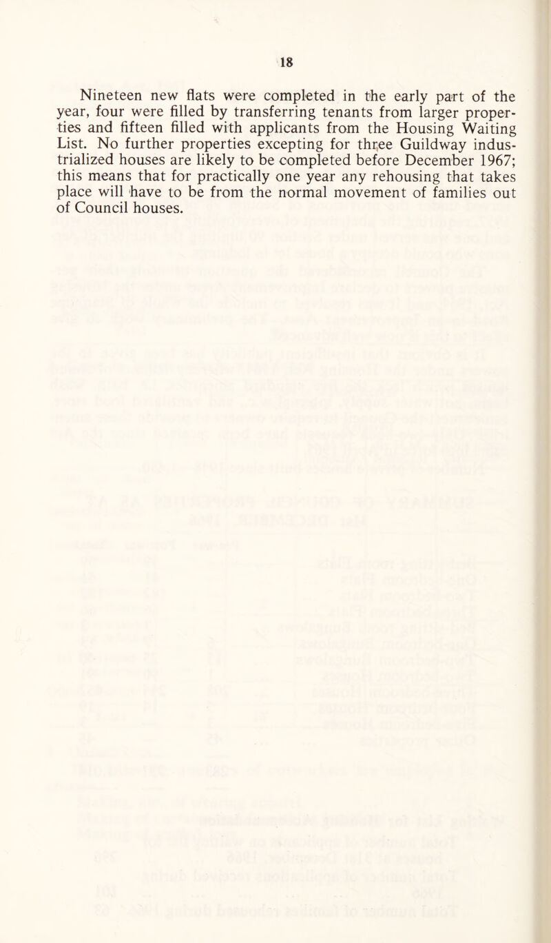 Nineteen new flats were completed in the early part of the year, four were filled by transferring tenants from larger proper¬ ties and fifteen filled with applicants from the Housing Waiting List. No further properties excepting for thr^ee Guildway indus¬ trialized houses are likely to be completed before December 1967; this means that for practically one year any rehousing that takes place will have to be from the normal movement of families out of Council houses.