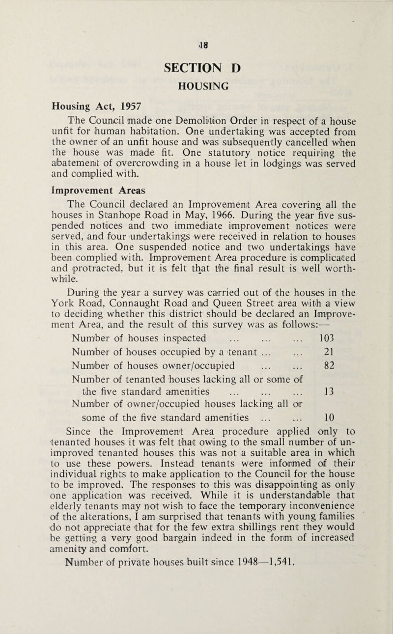 <18 SECTION D HOUSING Housing Act, 1957 The Council made one Demolition Order in respect of a house unfit for human habitation. One undertaking was accepted from the owner of an unfit house and was subsequently cancelled when the house was made fit. One statutory notice requiring the abatement of overcrowding in a house let in lodgings was served and complied with. Improvement Areas The Council declared an Improvement Area covering all the houses in Stanhope Road in May, 1966. During the year five sus¬ pended notices and two immediate improvement notices were served, and four undertakings were received in relation to houses in this area. One suspended notice and two undertakings have been complied with. Improvement Area procedure is complicated and protracted, but it is felt that the final result is well worth¬ while. During the year a survey was carried out of the houses in the York Road, Connaught Road and Queen Street area with a view to deciding whether this district should be declared an Improve¬ ment Area, and the result of this survey v/as as follows:— Number of houses inspected ... ... ... 103 Number of houses occupied by a tenant ... ... 21 Number of houses owner/occupied ... ... 82 Number of tenanted houses lacking all or some of the five standard amenities ... ... ... 13 Number of owner/occupied houses lacking all or some of the five standard amenities ... ... 10 Since the Improvement Area procedure applied only to tenanted houses it was felt that owing to the small number of un¬ improved tenanted houses this was not a suitable area in which to use these powers. Instead tenants were informed of their individual rights to make application to the Council for the house to be improved. The responses to this was disappointing as only one application was received. While it is understandable that elderly tenants may not wish to face the temporary inconvenience of the alterations, I am surprised that tenants with young families do not appreciate that for the few extra shillings rent they would be getting a very good bargain indeed in the form of increased amenity and comfort. Number of private houses built since 1948—1,541.