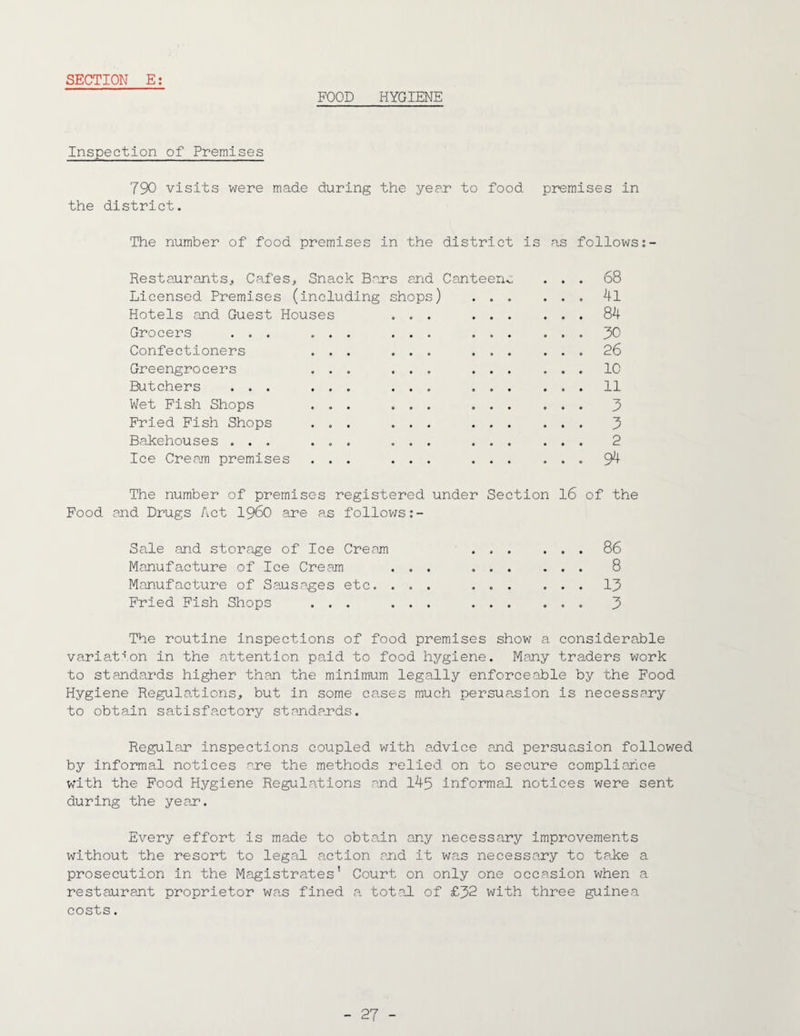 FOOD HYGIENE Inspection of Premises 790 visits were made during the year to food premises in the district. The number of food premises in the district is as follows Restaurants, Cafes, Snack Bars and Canteen^, ... 68 Licensed Premises (including shops) . . 4l Hotels and Guest Houses ... .84 Grocers ... ... ... 30 Confectioners ... ... 26 Greengrocers ... ... 10 Butchers ... ... ... 11 Wet Fish Shops ... ... 3 Fried Fish Shops ... ... 3 Bakehouses ... ... ... 2 Ice Cream premises ... ... 94 The number of premises registered under Section 16 of the Food and Drugs Act i960 are as follows Sale and storage of Ice Cream .86 Manufacture of Ice Cream ... . 8 Manufacture of Sausages etc. ... .13 Fried Fish Shops ... ... . 3 The routine inspections of food premises show a considerable variation in the attention paid to food hygiene. Many traders work to standards higher than the minimum legally enforceable by the Food Hygiene Regulations, but in some cases much persuasion is necessary to obtain satisfactory standards. Regular inspections coupled with advice and persuasion followed by informal notices are the methods relied on to secure compliance with the Food Hygiene Regulations and 145 informal notices were sent during the year. Every effort is made to obtain any necessary improvements without the resort to legal action arid it was necessary to take a prosecution in the Magistrates’ Court on only one occasion when a restaurant proprietor was fined a total of £32 with three guinea costs.