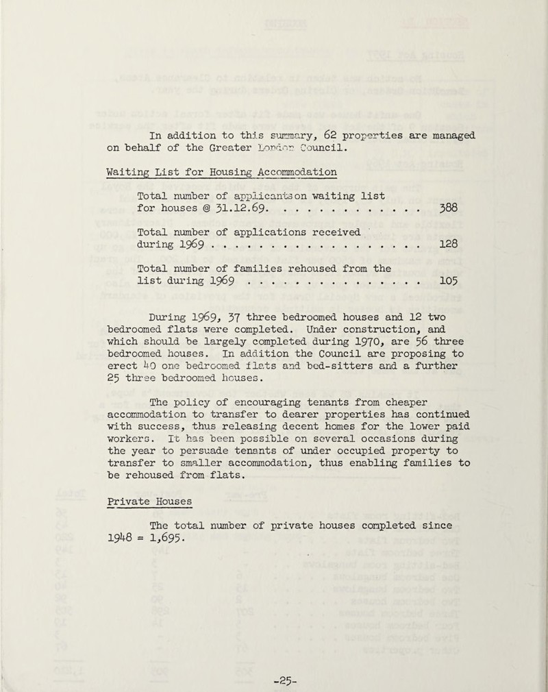 In addition to this summary, 62 properties are managed on behalf of the Greater London Council. Waiting List for Housing Accommodation Total number of applicants on waiting list for houses @31*12.69. 388 Total number of applications received during 1969. 128 Total number of families rehoused from the list during 1969. 105 During 1969* 37 three bedroomed houses and 12 two bedroomed flats were completed. Under construction, and which should be largely completed during 1970, are 56 three bedroomed houses. In addition the Council are proposing to erect 4o one bedroomed flats and bed-sitters and a further 25 three bedroomed houses. The policy of encouraging tenants from cheaper accommodation to transfer to dearer properties has continued with success, thus releasing decent homes for the lower paid workers. It has been possible on several occasions during the year to persuade tenants of under occupied property to transfer to smaller accommodation, thus enabling families to be rehoused from flats. Private Houses The total number of private houses completed since 1948 = 1,695. -25-