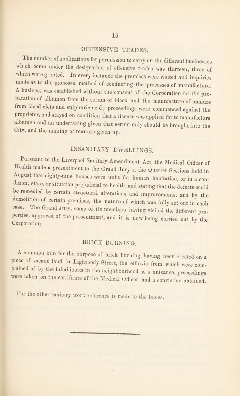 OFFENSIVE TRADES. The number of applications for permission to carry on the different businesses ulnch come under the designation of offensive trades was thirteen, three of which were granted. In every instance the premises were visited and inquiries made as to the proposed method of conducting the processes of manufacture. A business was established without the consent of the Corporation for the pre¬ paration of albumen from the serum of blood and the manufacture of manure from blood clots and sulphuric acid; proceedings were commenced against the proprietor, and stayed on condition that a license was applied for to manufacture albumen and an undertaking given that serum only should be brought into the City, and the making of manure given up. INSANITARY DWELLINGS. Pursuant to the Liverpool Sanitary Amendment Act, the Medical Officer of Health made a presentment to the Grand Jury at the Quarter Sessions held in August that eighty-nine houses were unfit for human habitation, or in a con¬ dition, state, or situation prejudicial to health, and stating that the defects could e remedied by ceHain structural alterations and improvements, and by the demolition of certain premises, the nature of which was fully set out in each case. The Grand Jury, some of its members having visited the different pro¬ perties, approved of the presentment, and it is now being carried out by the Corporation. BRICK BURNING. . A C°mm0n klIn for tIie PurPose of brick burning having been erected on a piece of vacant land in Lightbody Street, the effluvia from which were com¬ plained of by the inhabitants in the neighbourhood as a nuisance, proceedings were taken on the certificate of the Medical Officer, and a conviction obtained. For the other sanitary work reference is made to the tables.