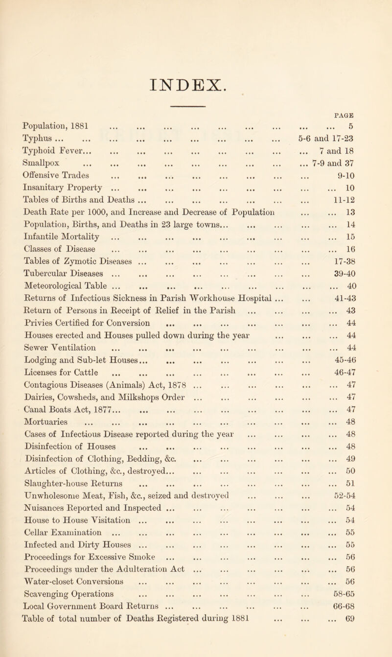 INDEX. Population, 1881 . • • • • • « PAGE ... ... 5 Typhus •«« «.« ».« • • • 11« ... ..« ii« • • • 5-6 and 17-23 Typhoid Fever. • • • • » t ... 7 and 18 Smallpox ... ... ... ... .,. , • • • • • • ... 7-9 and 37 Offensive Trades .. • » « 6 • • 9-10 Insanitary Property. • • • ft 0 • ... ... 10 Tables of Births and Deaths ... Oft® • • • 11-12 Death Eate per 1000, and Increase and Decrease of Population . 13 Population, Births, and Deaths in 23 large towns... • • • • • ft ... ... 14 Infantile Mortality • • • • • • . 15 Classes of Disease . , , ... . 16 Tables of Zymotic Diseases ... ft 0 ft ft ft 0 17-38 Tubercular Diseases ... • • • • • • 39-40 Meteorological Table. . • • ft • • • . 40 Returns of Infectious Sickness in Parish Workhouse Hospital ... 41-43 Return of Persons in Receipt of Relief in the Parish • • 0 • • • . 43 Privies Certified for Conversion e • • • • • ... ... 44 Houses erected and Houses pulled down during the year 44 ft ft ft • 0 ft T. A Sewer Ventilation ... . • • • • • o . 44 Lodging and Sub-let Houses... . i « * e • • 45-46 Licenses for Cattle .. 6 ( • • • • 46-47 Contagious Diseases (Animals) Act, 1878 ... • « 0 ft 0 0 . 47 Dairies, Cowsheds, and Milkshops Order ... 000 00# ..47 Canal Boats Act, 1877... ft 0 ft ft # ft 47 Oftft 00ft T. J Mortuaries • ft ft 0 • ft CO • • Cases of Infectious Disease reported during the year ft 0 ft ft 0 0 . 48 Disinfection of Houses ft 0 ft ft ft ft . 48 Disinfection of Clothing, Bedding, &c. ft ft ft ft 0 ft ... ... 49 Articles of Clothing, &c., destroyed... ... ... 50 Slaughter-house Returns ... . 51 Unwholesome Meat, Fish, &c., seized and destroyed 0 0ft ft • 0 52-54 Nuisances Reported and Inspected ... 0 0ft 0 ft ft . 54 House to House Visitation ... 0 ft ft ft 0 ft ... ... 54 Cellar Examination ft 0 ft ft 0 ft . 55 Infected and Dirty Houses ... ft 0 ft 0 ft ft ... ... 55 Proceedings for Excessive Smoke Oftft ft 0 0 . 56 Proceedings under the Adulteration Act ... 0 0ft ft ft 0 . 56 Water-closet Conversions 0 ft ft 0 ft 0 . 56 Scavenging Operations 0 ft 0 ft ft 0 58-65 Local Government Board Returns ... • . • ... 66-68 Table of total number of Deaths Registered during 1881 ... ... 69