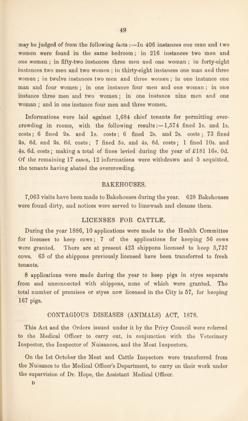 may be judged of from the following facts :—In 406 instances one man and two women were found in the same bedroom; in 216 instances two men and one woman ; in fifty-two instances three men and one woman ; in forty-eight instances two men and two women ; in thirty-eight instances one man and three women ; in twelve instances two men and three women; in one instance one man and four women; in one instance four men and one woman ; in one instance three men and two women; in one instance nine men and one woman ; and in one instance four men and three women. Informations were laid against 1,684 chief tenants for permitting over¬ crowding in rooms, with the following results1,574 fined Is. and Is. costs; 6 fined 2s. and Is. costs; 6 fined 2s. and 2s. costs; 73 fined 2s. 6d. and 2s. 0d, costs; 7 fined 5s. and 4s. 6d. costs; 1 fined 10s. and 4s. 6d. costs; making a total of fines levied during the year of £181 16s. Od. Of the remaining 17 cases, 12 informations were withdrawn and 5 acquitted, the tenants having abated the overcrowding, BAKEHOUSES. 7,063 visits have been made to Bakehouses during the year. 628 Bakehouses were found dirty, and notices were served to limewash and cleanse them. LICENSES FOR CATTLE. During the year 1886, 10 applications were made to the Health Committee for licenses to keep cows; 7 of the applications for keeping 56 cows were granted. There are at present 423 shippons licensed to keep 5,737 cows. 65 of the shippons previously licensed have been transferred to fresh tenants. 8 applications were made during the year to keep pigs in styes separate from and unconnected with shippons, none of which were granted. The total number of premises or styes now licensed in the City is 57, for keeping 167 pigs. CONTAGIOUS DISEASES (ANIMALS) ACT, 1878. This Act and the Orders issued under it by the Privy Council were referred to the Medical Officer to carry out, in conjunction with the Veterinary Inspector, the Inspector of Nuisances, and the Meat Inspectors. On the 1st October the Meat and Cattle Inspectors were transferred from the Nuisance to the Medical Officer’s Department, to carry on their work under the supervision of Dr. Hope, the Assistant Medical Officer. D