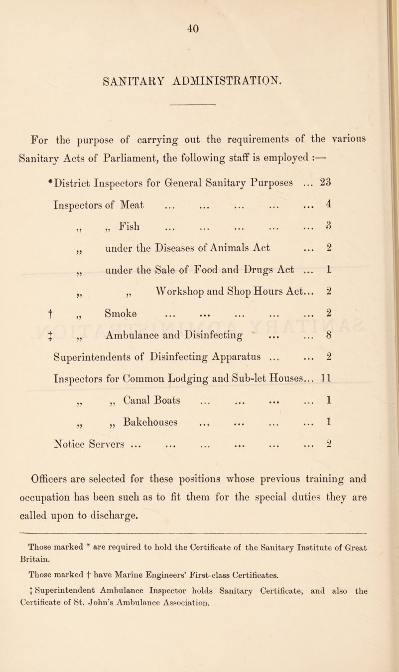 SANITARY ADMINISTRATION. For the purpose of carrying out the requirements of the various Sanitary Acts of Parliament, the following staff is employed :— ^District Inspectors for General Sanitary Purposes Inspectors of Meat „ Fish t ii y> >5 under the Diseases of Animals Act under the Sale of Food and Drugs Act „ Workshop and Shop Hours Act Smoke .»• ... ... ... Ambulance and Disinfecting Superintendents of Disinfecting Apparatus ... Inspectors for Common Lodging and Sub-let Houses Canal Boats Bakehouses Notice Servers ... V V 23 4 3 2 1 2 2 8 2 11 1 1 2 Officers are selected for these positions whose previous training and occupation has been such as to fit them for the special duties they are called upon to discharge. Those marked * are required to hold the Certificate of the Sanitary Institute of Great Britain. Those marked f have Marine Engineers’ First-class Certificates. \ Superintendent Ambulance Inspector holds Sanitary Certificate, and also the Certificate of St. John’s Ambulance Association,