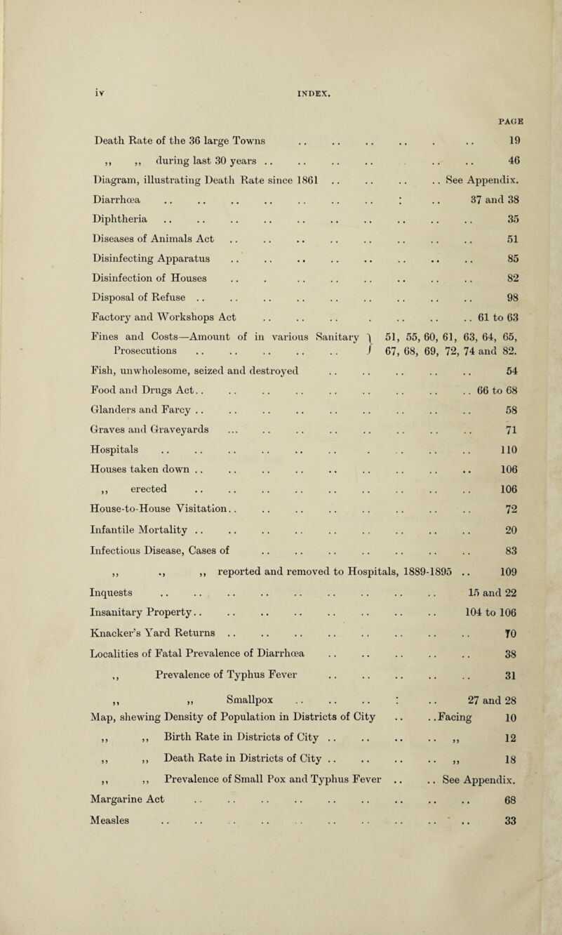 PAGE / 67, Death Rate of the 36 large Towns ,, ,, during last 30 years Diagram, illustrating Death Rate since 1861 Diarrhoea Diphtheria Diseases of Animals Act Disinfecting Apparatus Disinfection of Houses Disposal of Refuse Factory and Workshops Act Fines and Costs—Amount of in varioi Prosecutions Fish, unwholesome, seized and destroyed Food and Drugs Act.. Glanders and Farcy .. Graves and Graveyards Hospitals Houses taken down .. ,, erected House-to-House Visitation Infantile Mortality .. Infectious Disease, Cases of ,, ., ,, reported and removed to Hospitals, Inquests Insanitary Property Knacker’s Yard Returns .. Localities of Fatal Prevalence of Diarrhoea ,, Prevalence of Typhus Fever ,, ,, Smallpox Map, shewing Density of Population in Districts of City ,, ,, Birth Rate in Districts of City ,, ,, Death Rate in Districts of City ,, ,, Prevalence of Small Pox and Typhus Fever Margarine Act Measles 19 46 See Appendix. 37 and 38 35 51 85 82 98 61 to 63 s Sanitary ) 51, 55, 60, 61, 63, 64, 65, 68, 69, 72, 74 and 82. 1889-1895 54 66 to 68 58 71 110 106 106 72 20 83 109 15 and 22 104 to 106 TO 38 31 27 and 28 Facing 10 „ 12 „ 18 See Appendix. 68 33