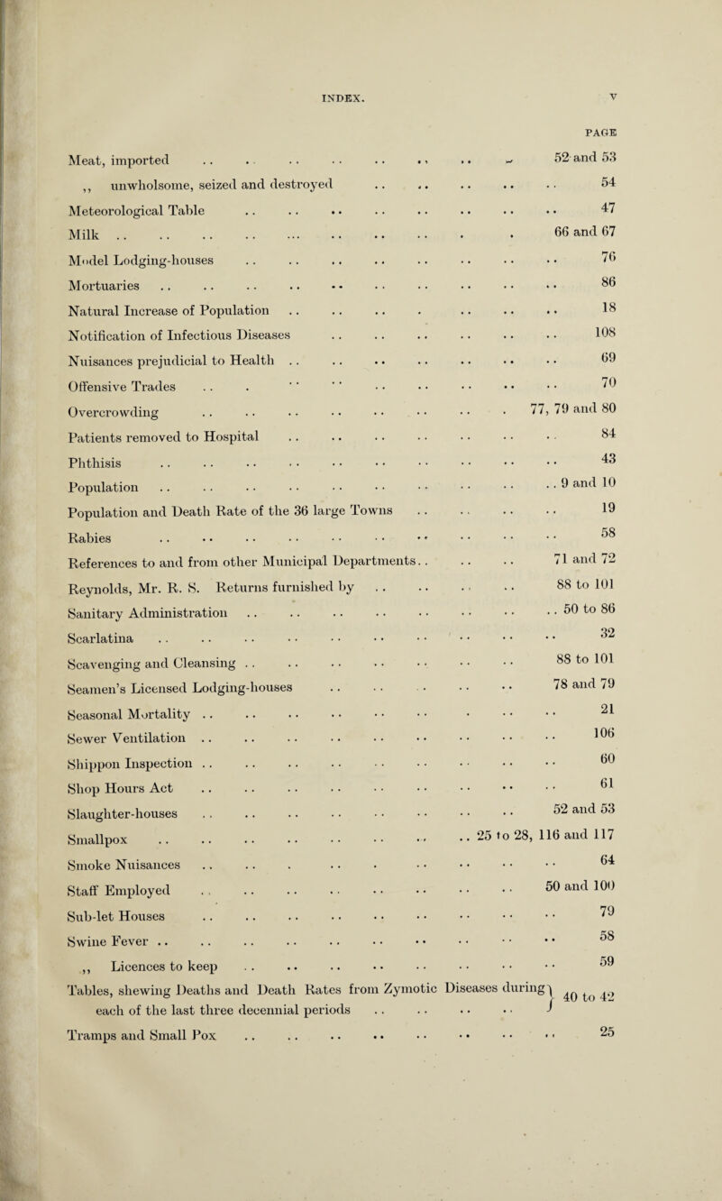 Meat, imported ,, unwholsome, seized and destroyed Meteorological Table Milk. Model Lodging-houses Mortuaries Natural Increase of Population Notification of Infectious Diseases Nuisances prejudicial to Health Offensive Trades Overcrowding Patients removed to Hospital Phthisis Population Population and Death Rate of the 36 large Towns Rabies References to and from other Municipal Departments. . Reynolds, Mr. R. S. Returns furnished by Sanitary Administration Scarlatina Scavenging and Cleansing Seamen’s Licensed Lodging-houses Seasonal Mortality Sewer Ventilation Shippon Inspection Shop Hours Act Slaughter-houses Smallpox Smoke Nuisances Staff Employed Sub-let Houses Swine Fever .. ,, Licences to keep Tables, shewing Deaths and Death Rates from Zymotic each of the last three decennial periods Tramps and Small Pox PAGE 52 and 53 54 47 66 and 67 76 86 18 108 69 70 77, 79 and 80 84 43 9 and 10 19 58 71 and 72 88 to 101 .. 50 to 86 32 88 to 101 78 and 79 21 106 60 61 52 and 53 25 to 28, 116 and 117 64 50 and 100 79 58 59 diseases during'* J 40 to 42 25